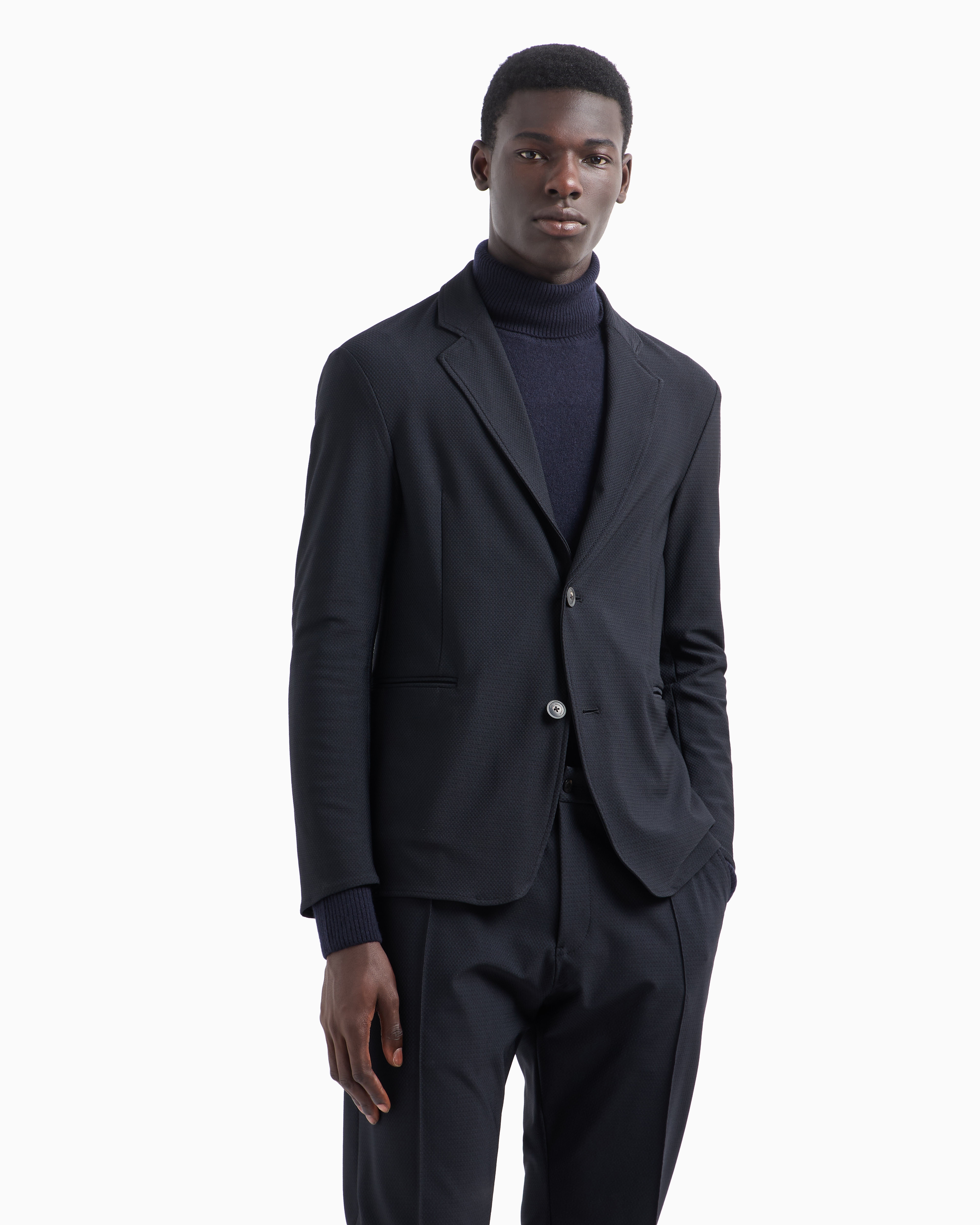 Emporio Armani - Single-breasted jacket technical jersey with a 3D micro-textured effect, Man, Navy Blue, Size: