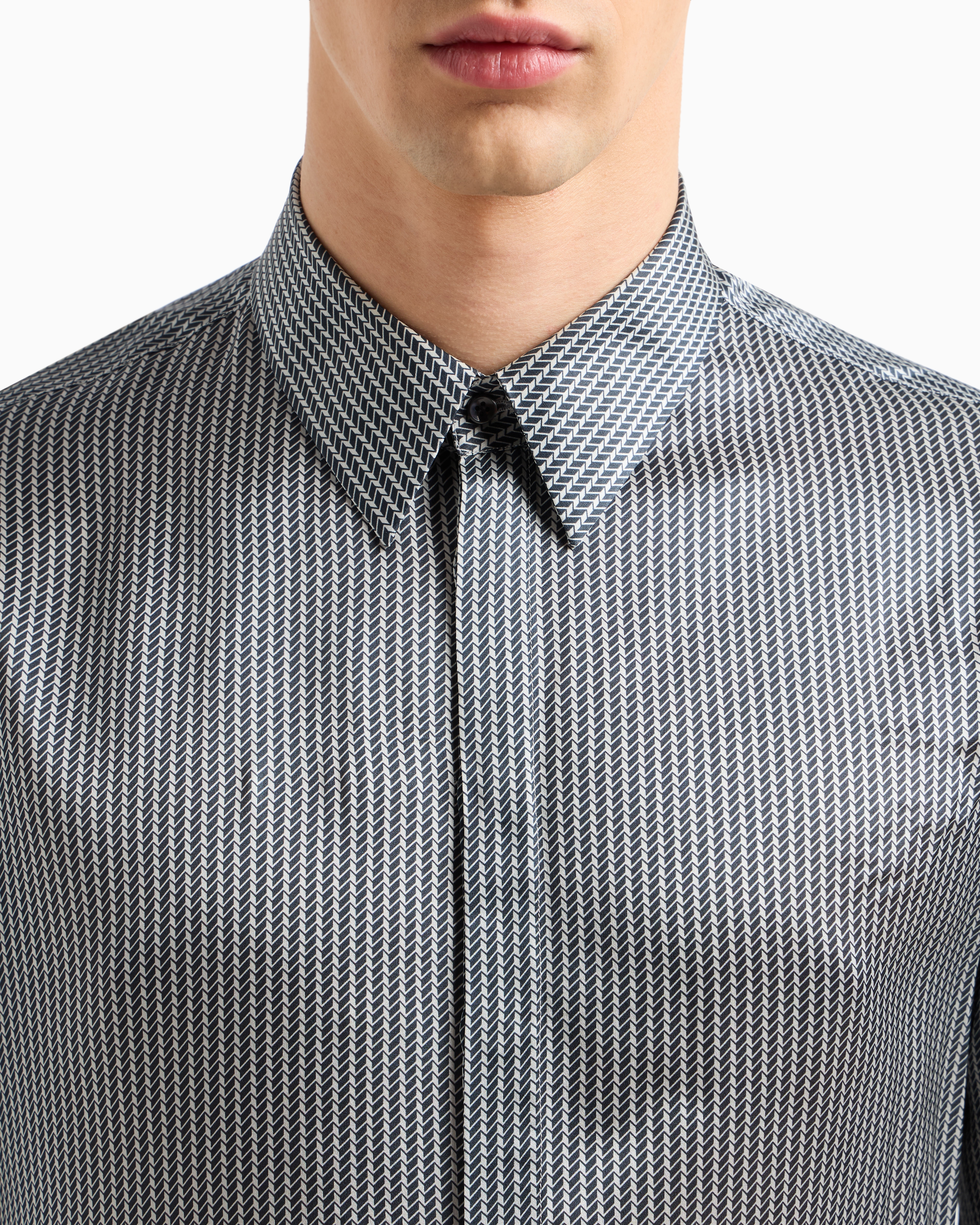 Giorgio Armani Printed Satin Shirt With Button-down Collar In Gray