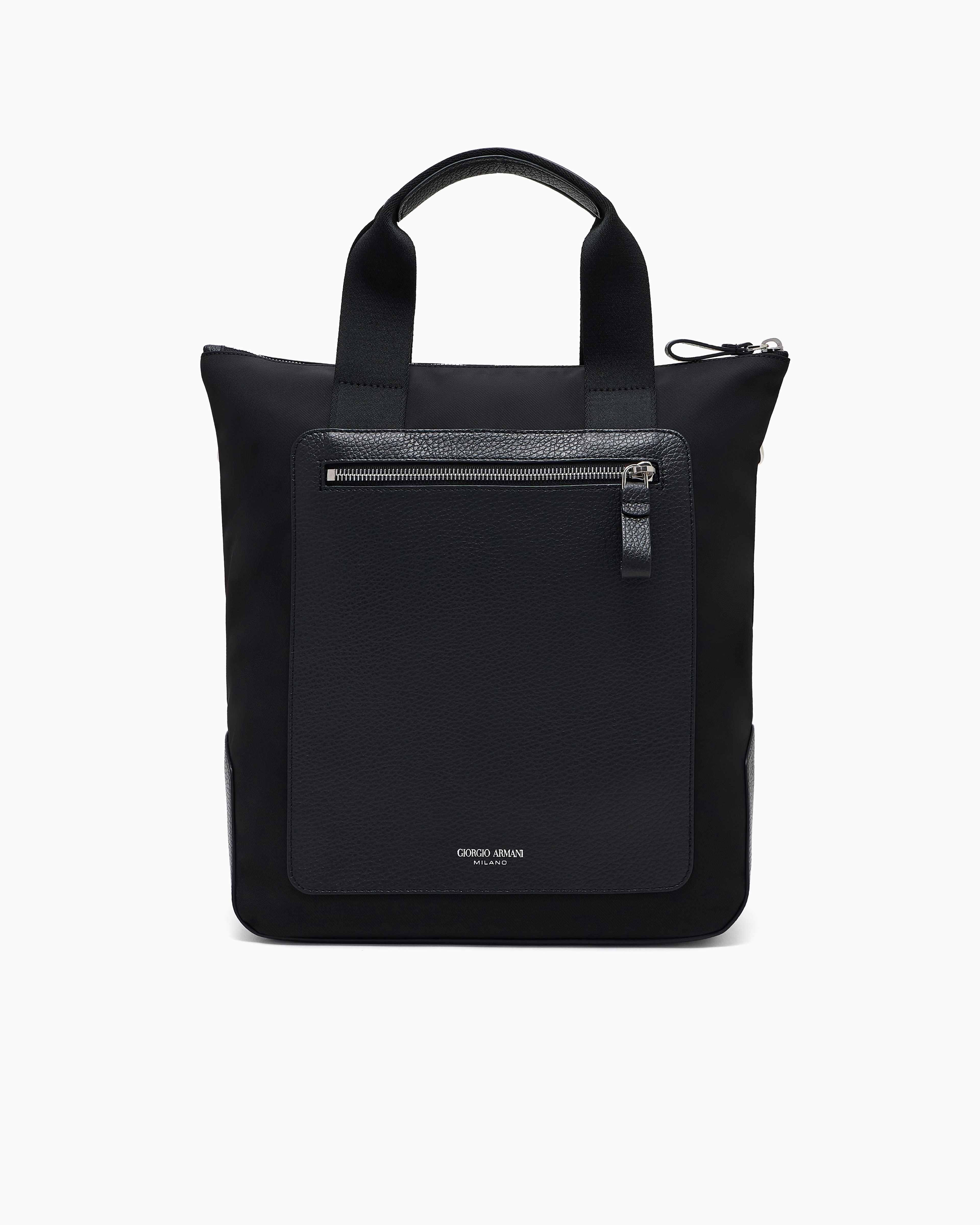 Giorgio Armani Small Shopper Bag In Recycled Nylon And Pebbled Leather In Black