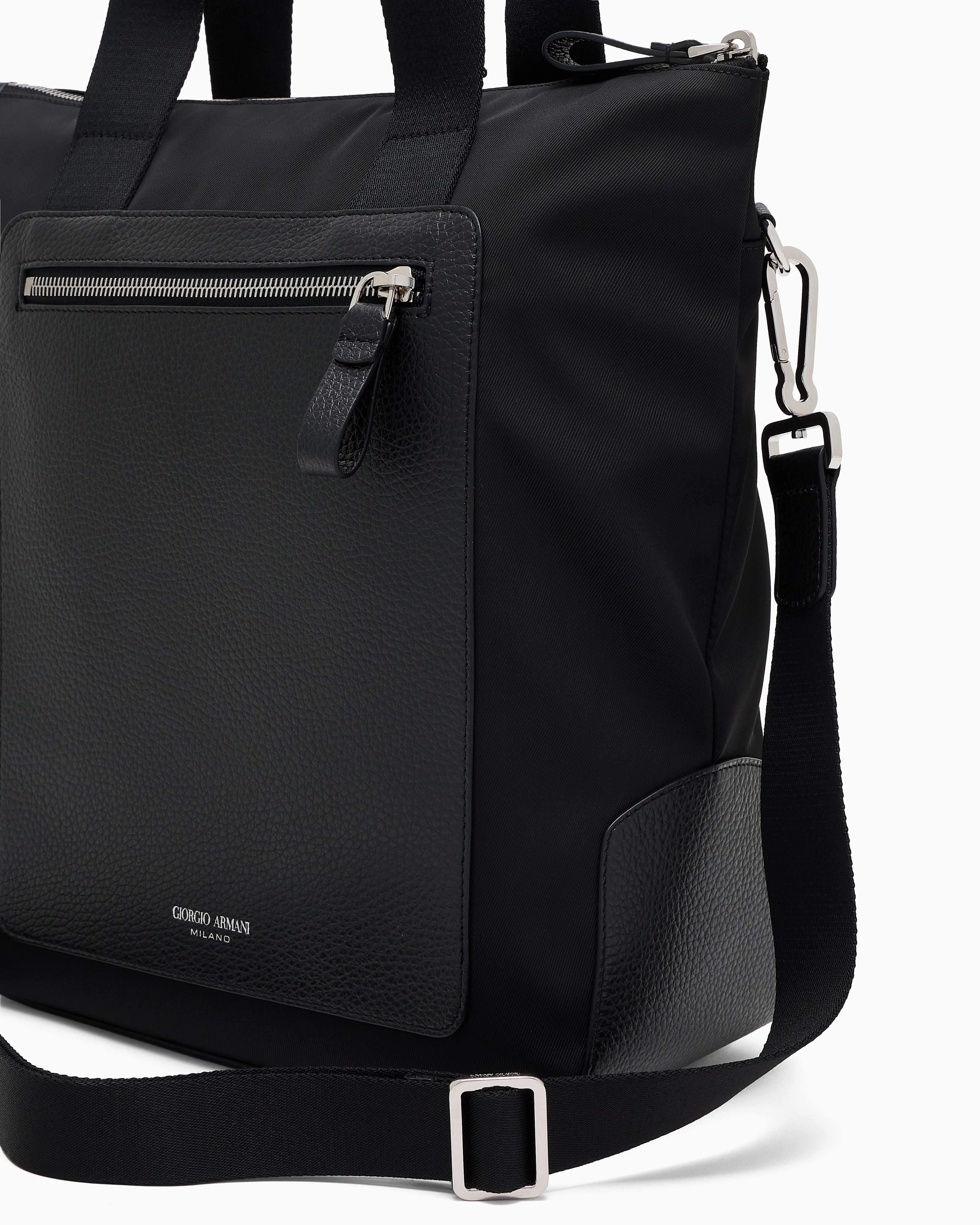 Giorgio Armani Small Shopper Bag In Recycled Nylon And Pebbled Leather In Black