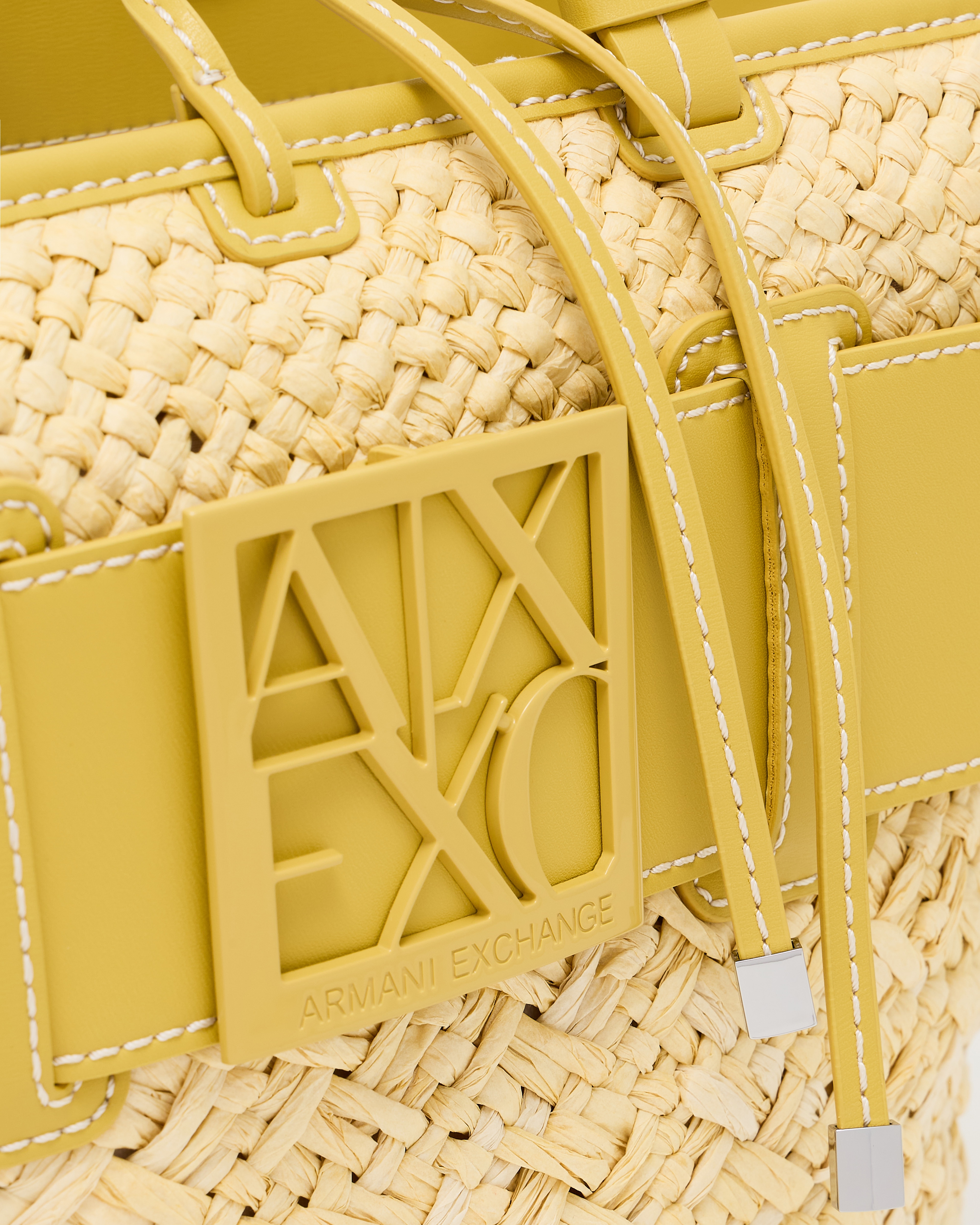 Armani Exchange - Straw shopper bag with logo band, Woman, Yellow, Size: TU