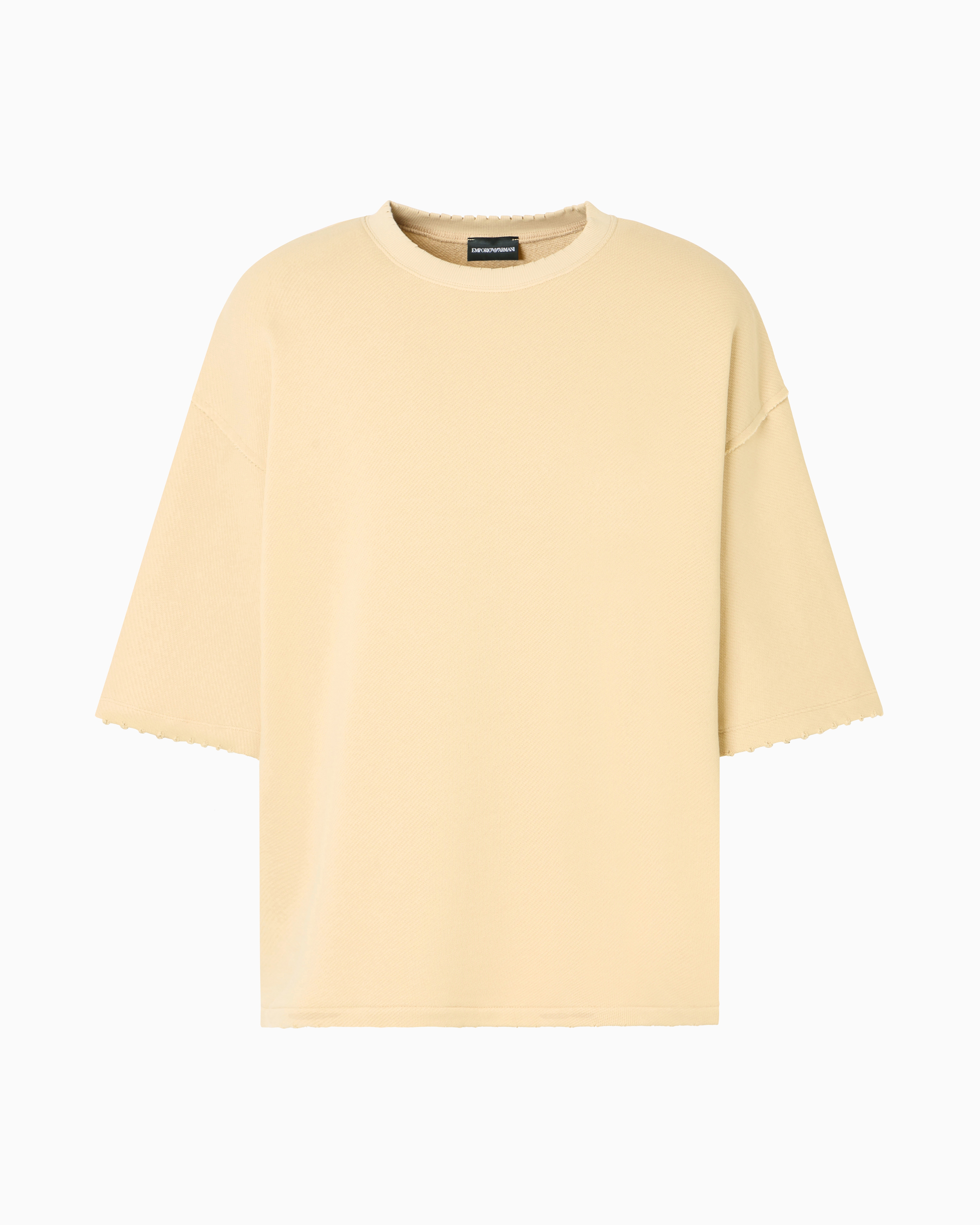 Emporio Armani Short-sleeved Jersey Sweatshirt With Worn-look Piping In Beige