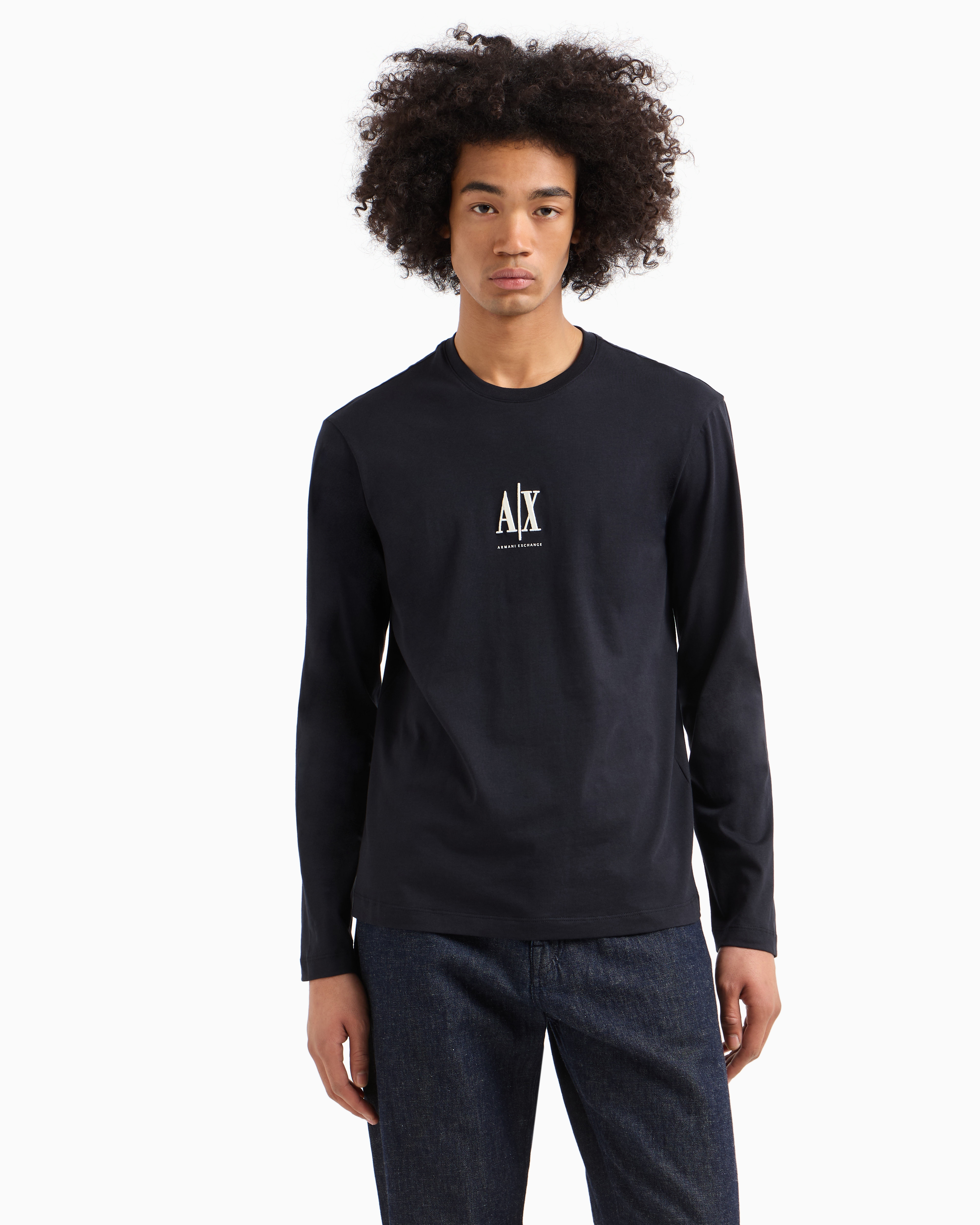 Armani Exchange - Long-sleeved T-shirt with embroidered logo, Man, Navy Blue, Size: