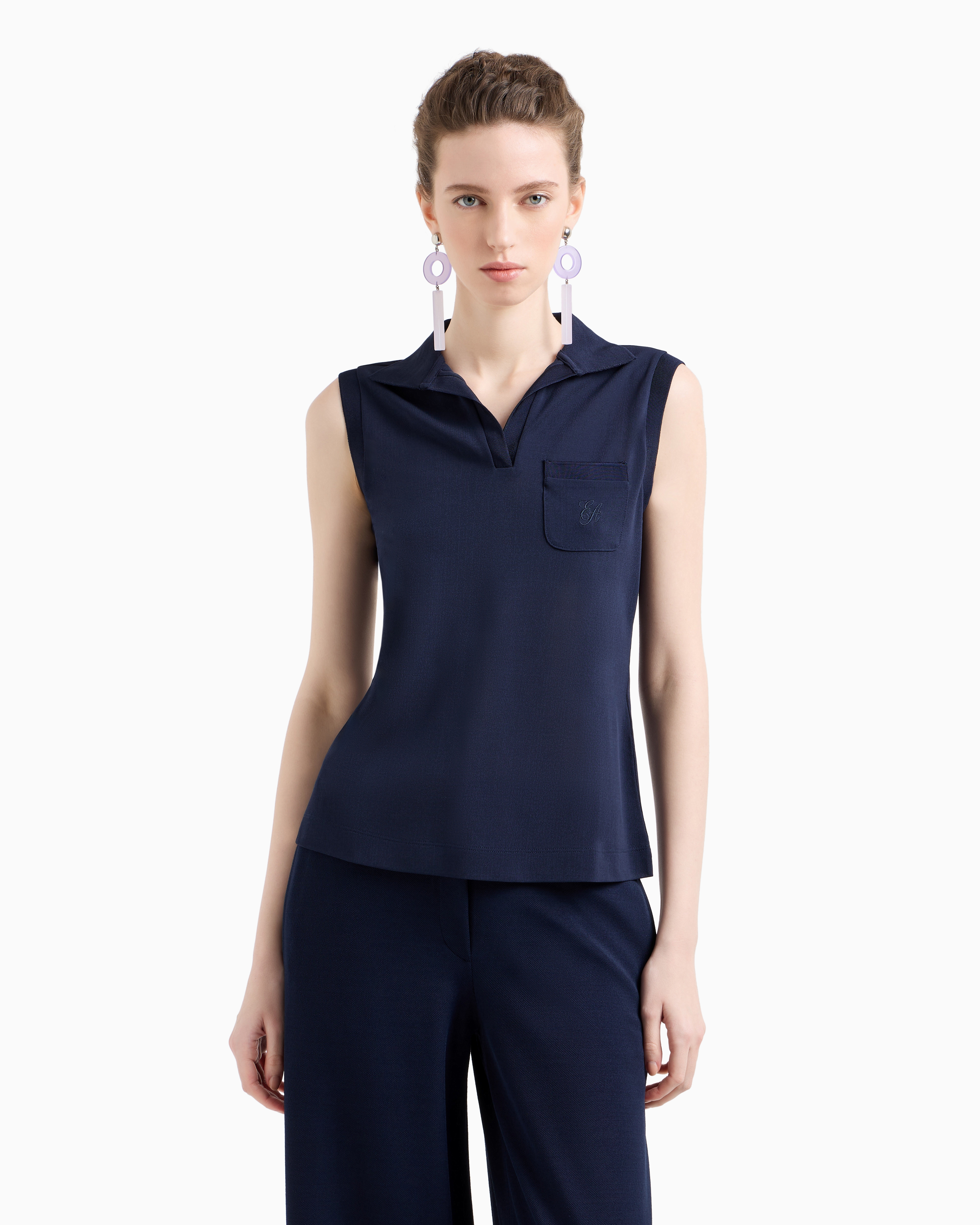 Emporio Armani - Icon micro piqué crêpe jersey top, Woman, Navy Blue, Size: