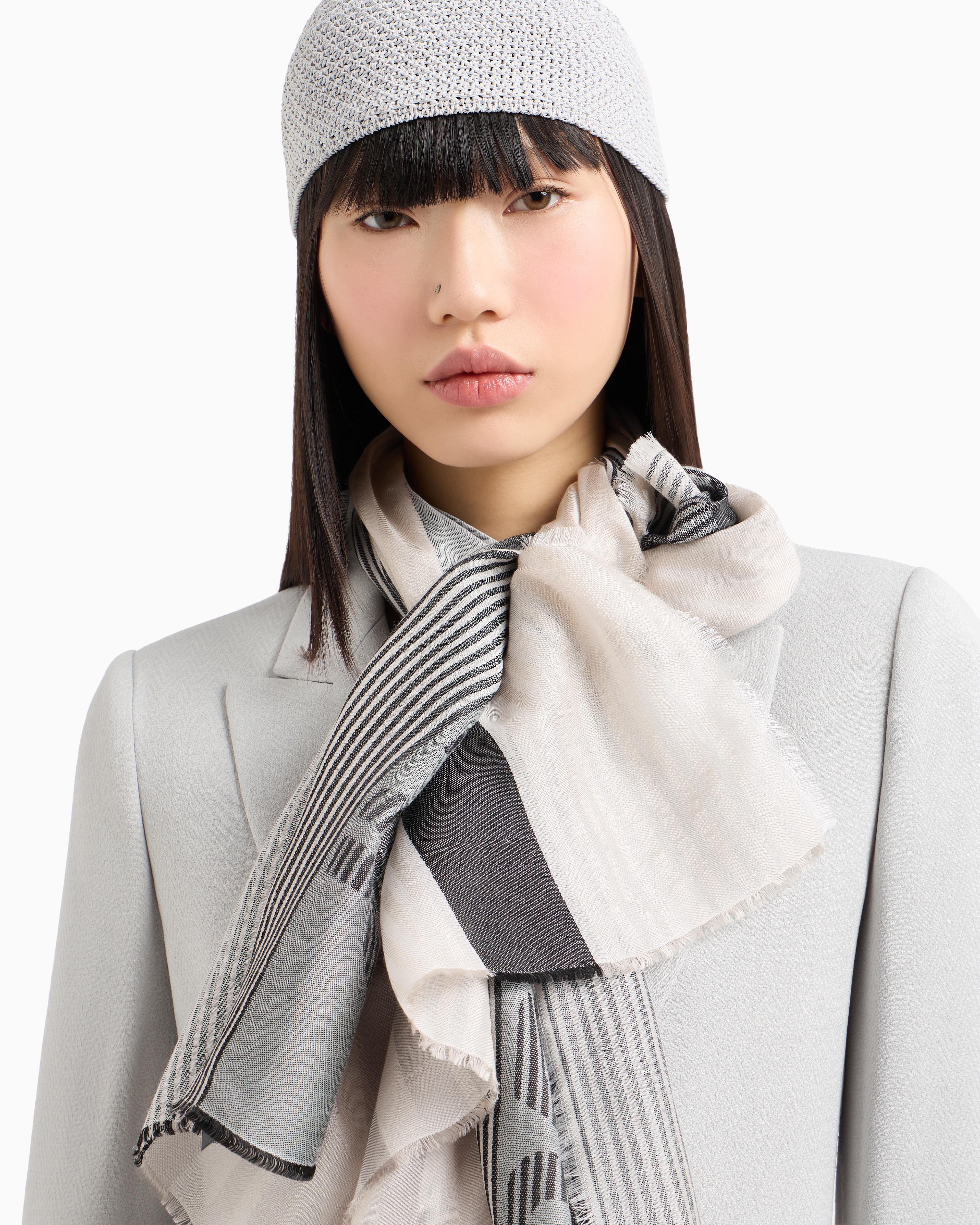 Modal-blend stole with jacquard stripes and logo | Emporio