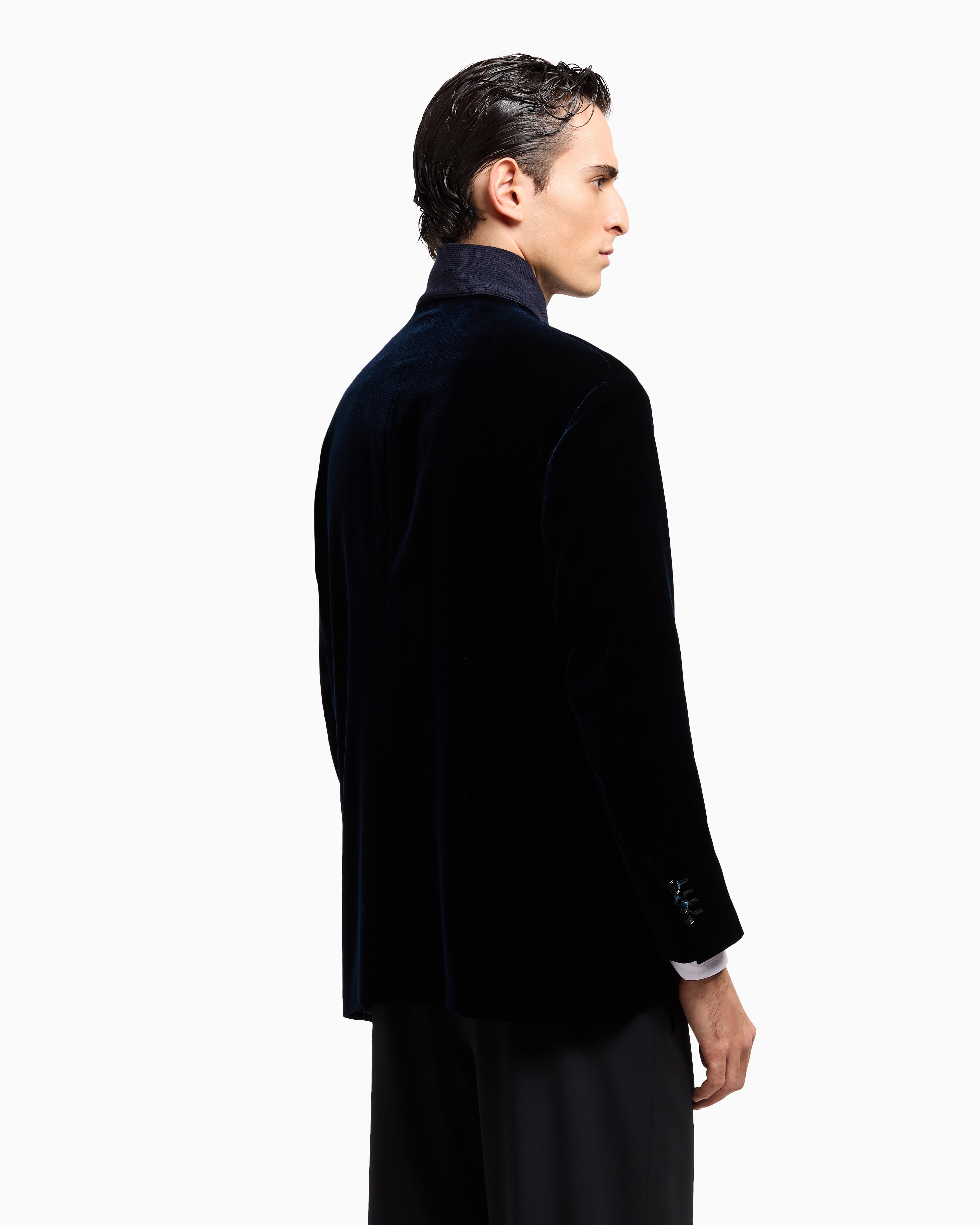 Giorgio Armani Single-breasted Jacket In Velvet With Knit Details In Blue