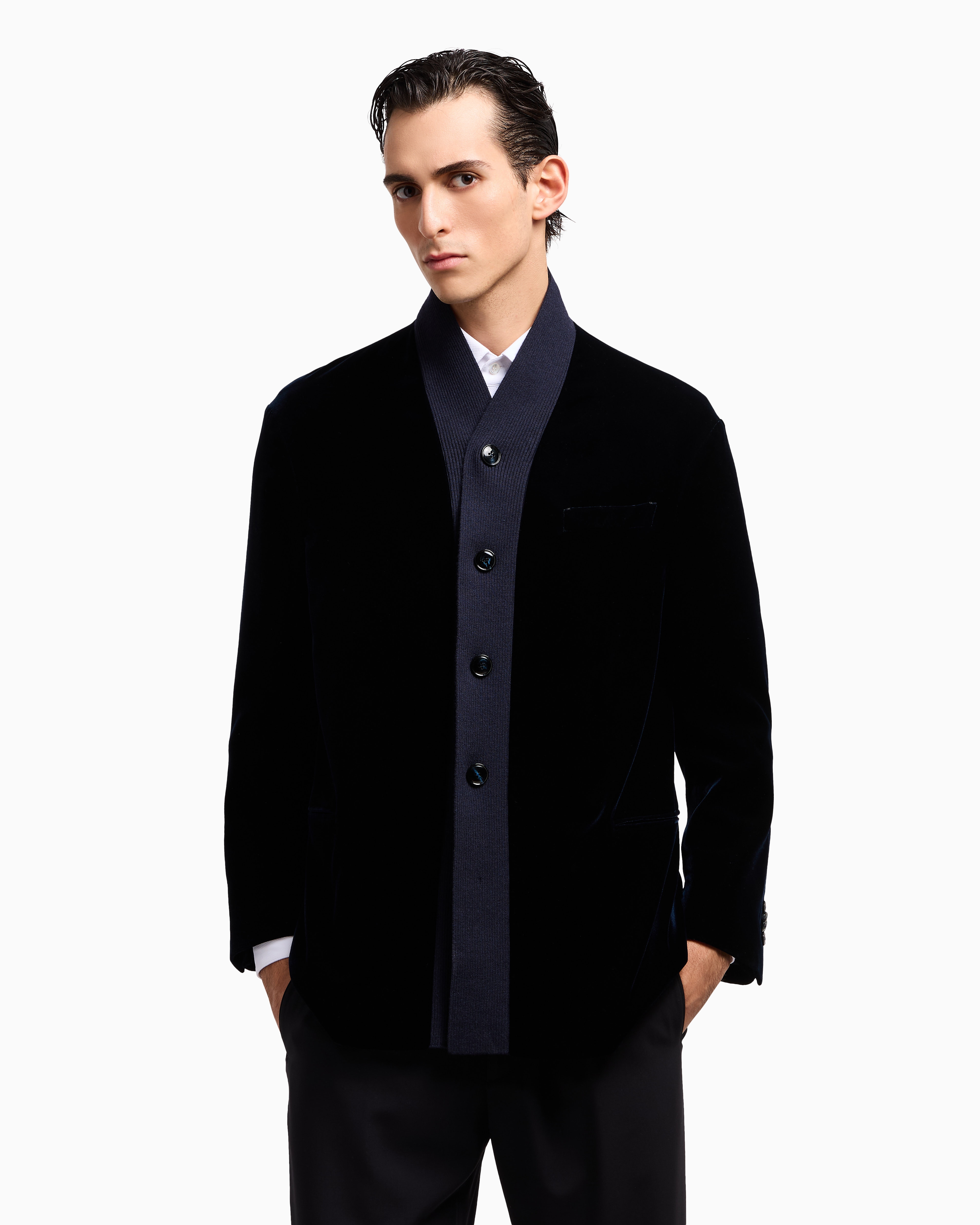 Giorgio Armani Single-breasted Jacket In Velvet With Knit Details In Blue