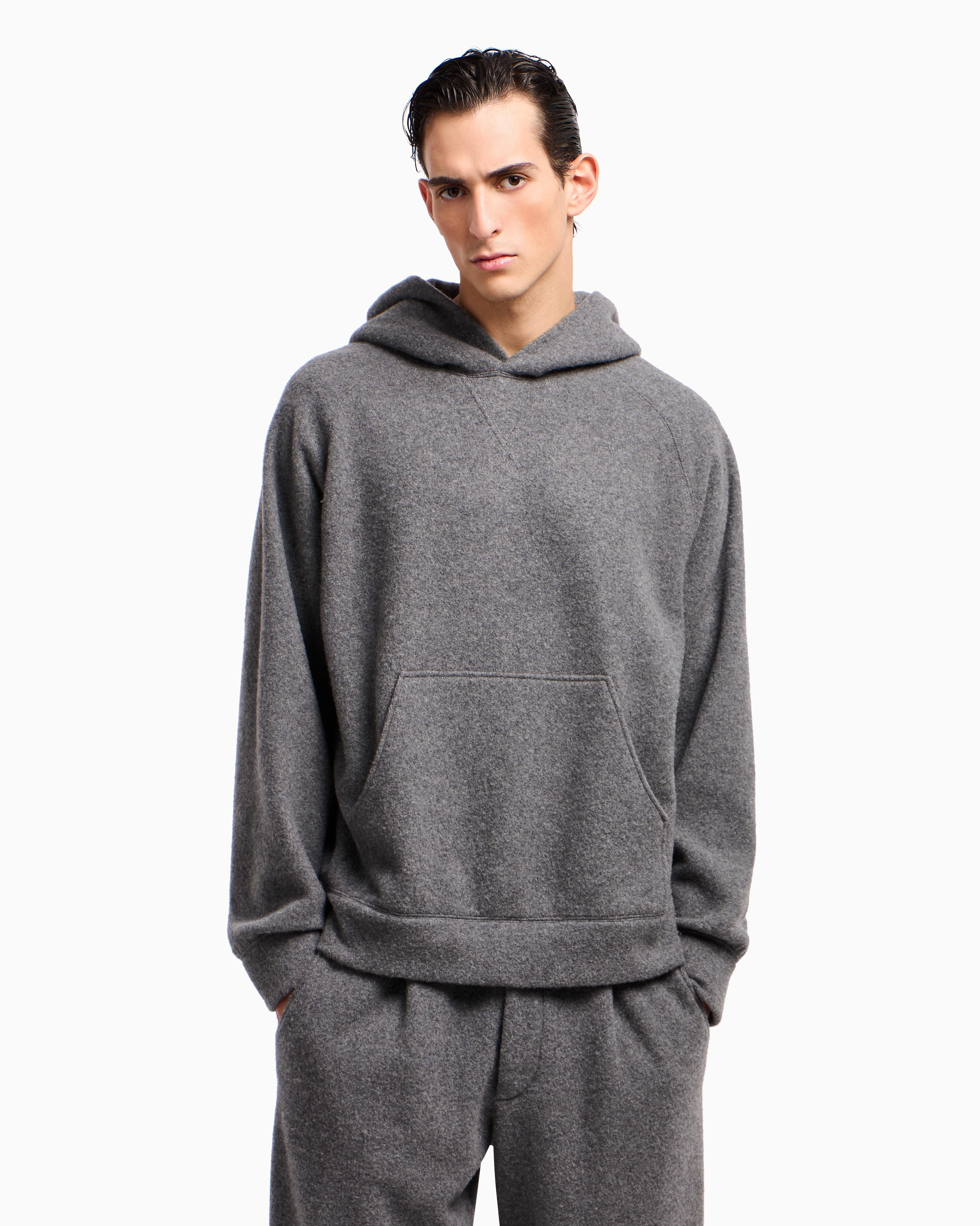 Giorgio Armani Hooded Sweatshirt In Cashmere Fleece In Gray