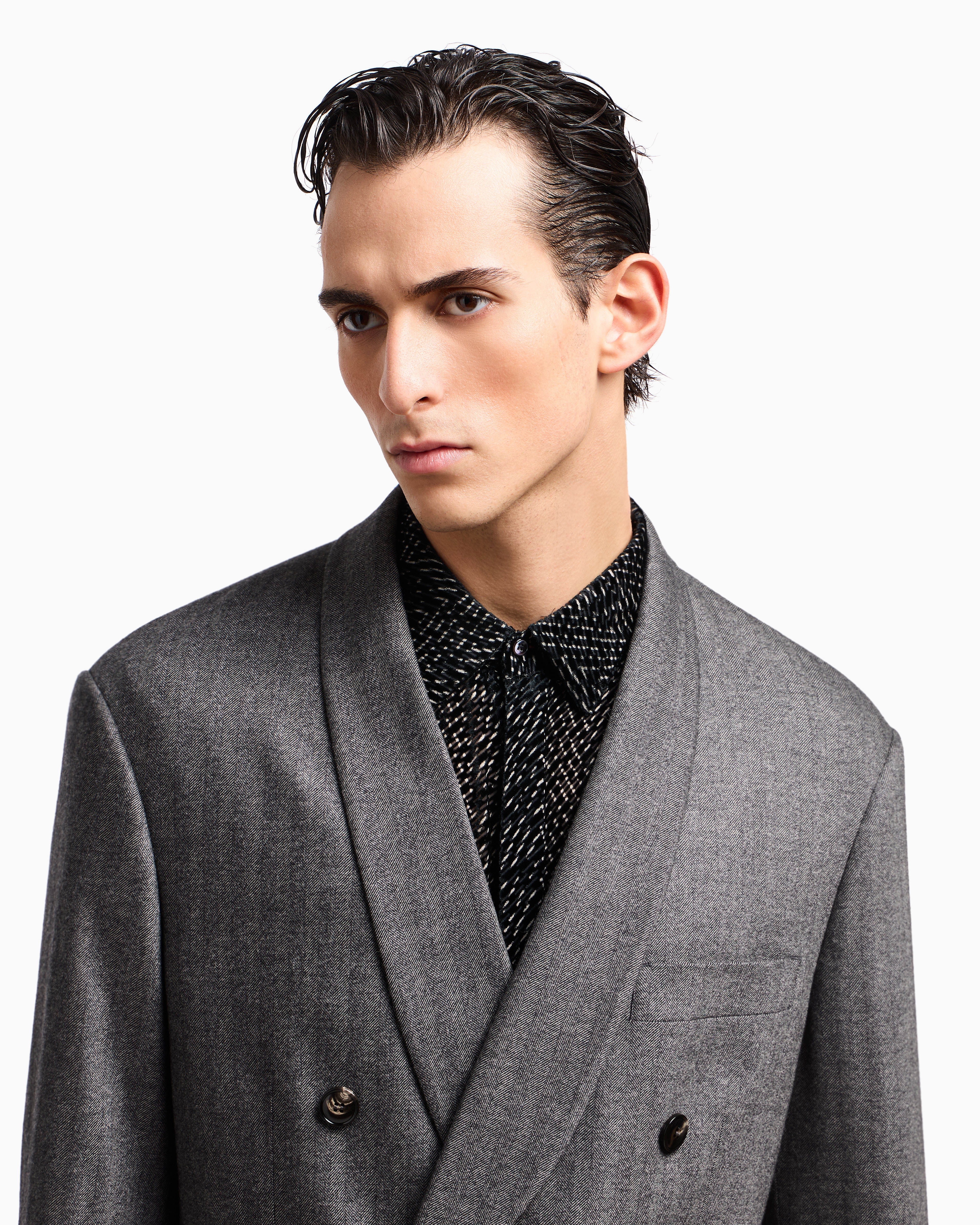 Giorgio Armani Heritage Line Double-breasted Suit In Chevron Virgin Wool And Cashmere In Gray