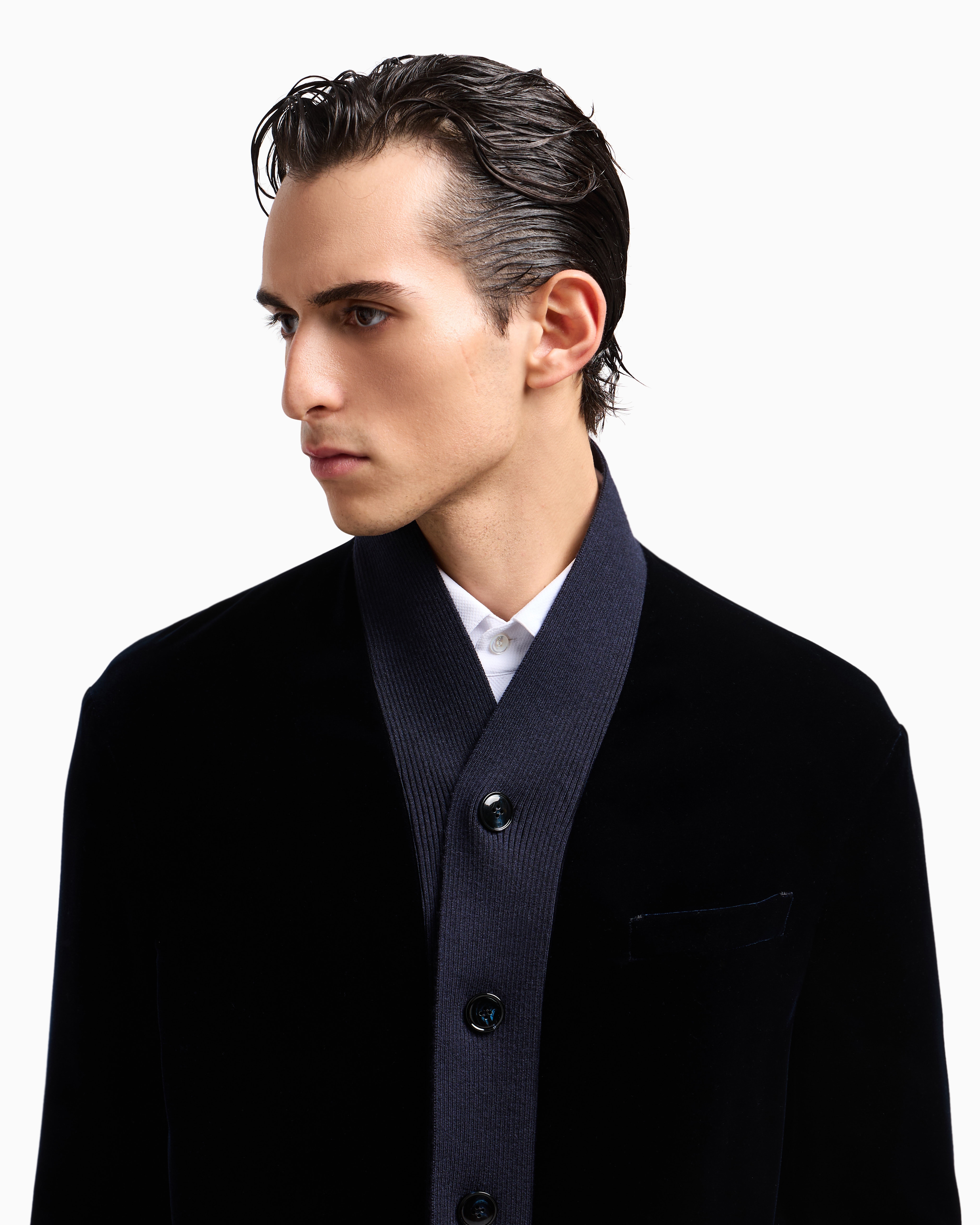 Giorgio Armani Single-breasted Jacket In Velvet With Knit Details In Blue