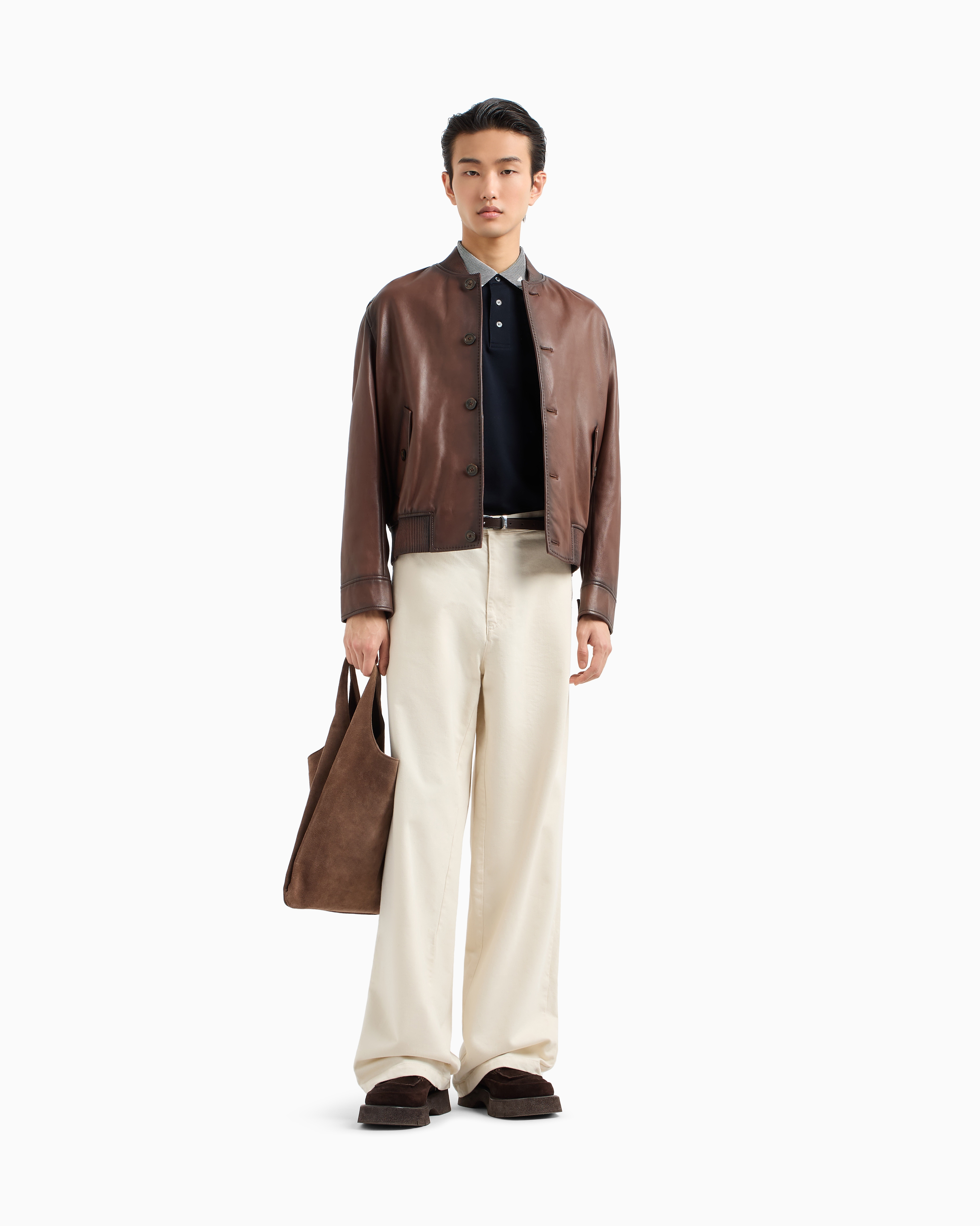 トップス GIORGIO ARMANI PIPING BAND COLLAR SHIRT Giorgio Armani Men's Striped Band-Collar Sport Shirt