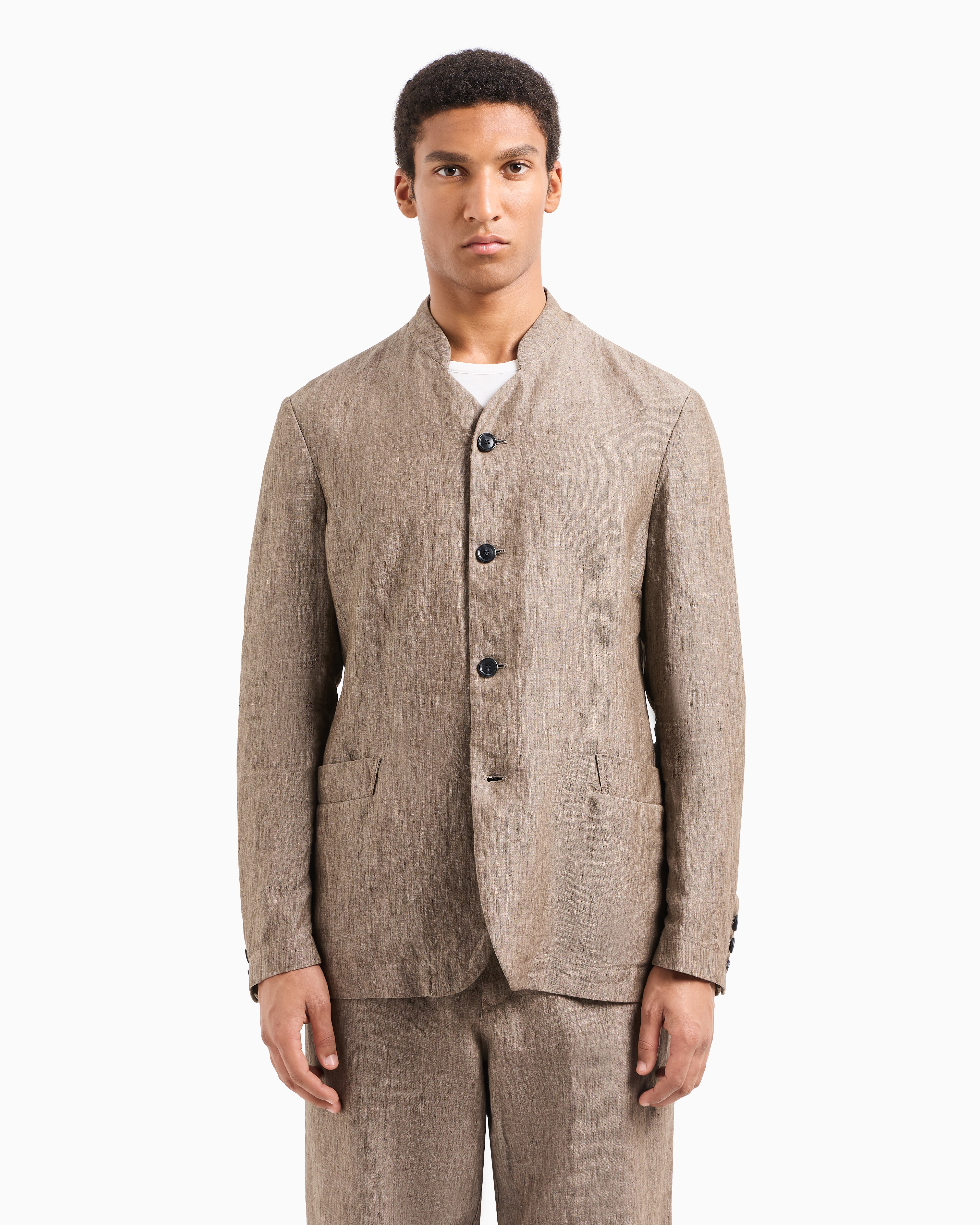 Giorgio Armani Single-breasted Jacket In Faded Linen Chambray In Sand