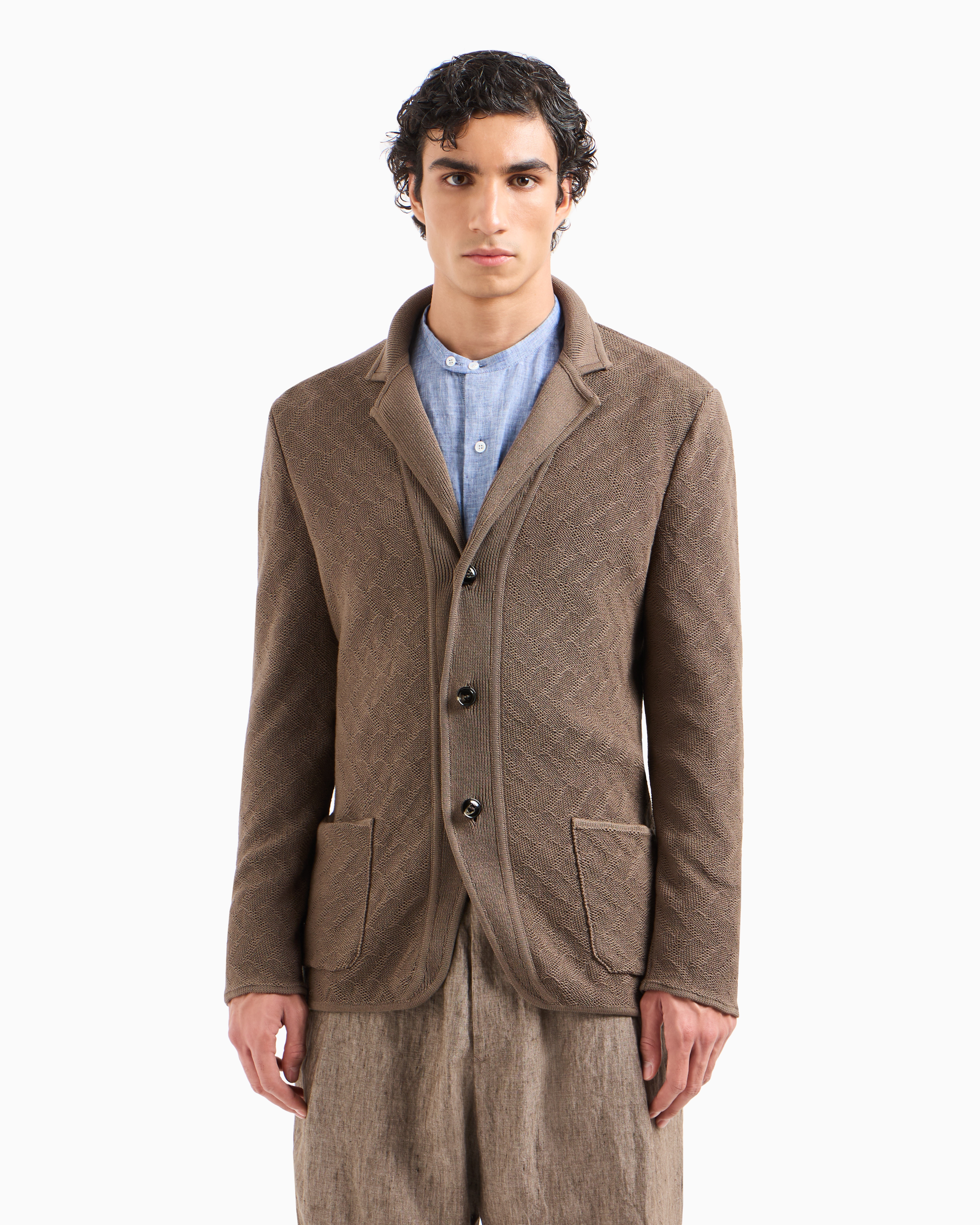 Giorgio Armani Single-breasted Jacket In A Jacquard Cotton Knit In Brown