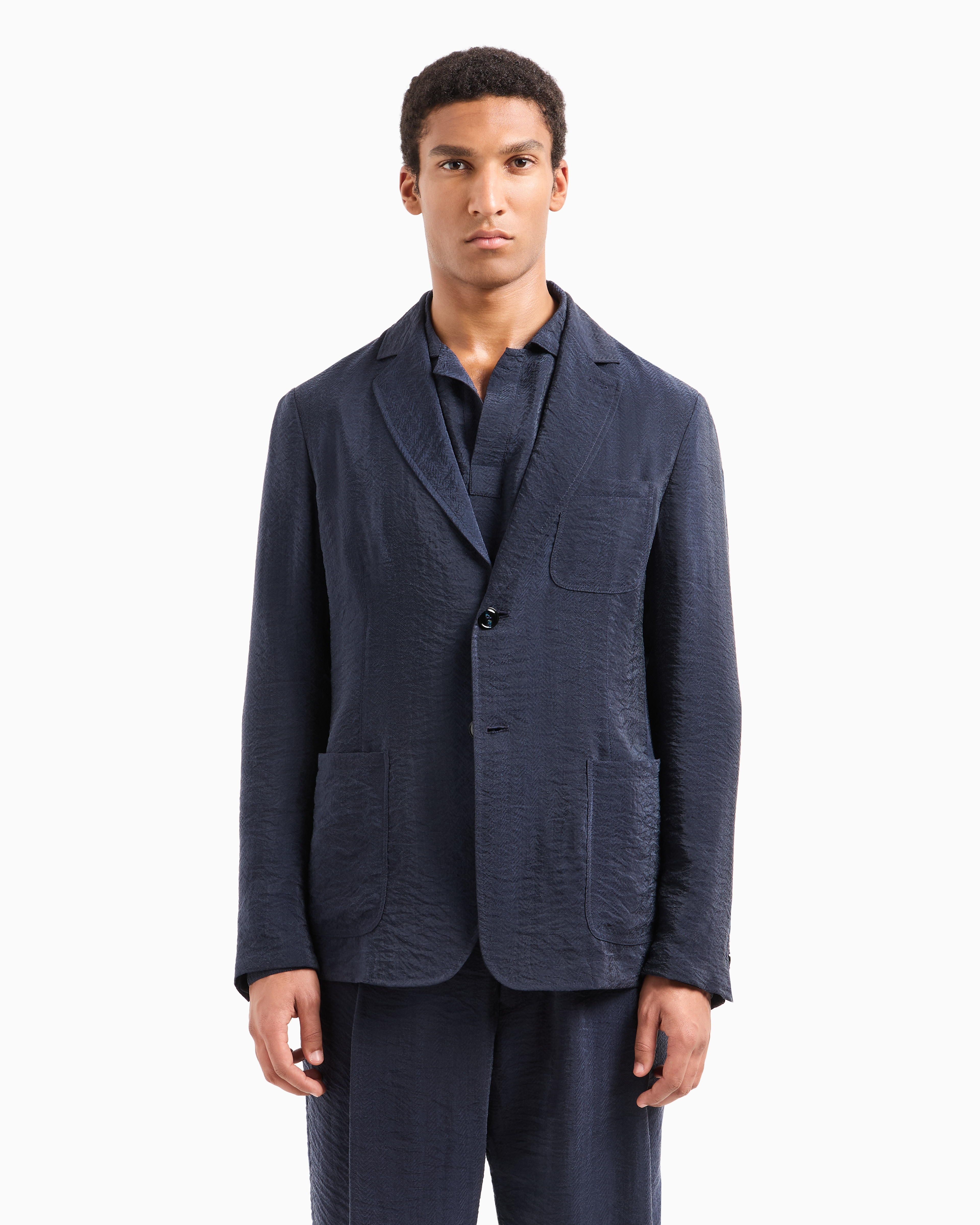 Giorgio Armani Single-breasted Jacket In Jacquard Cupro In Blue