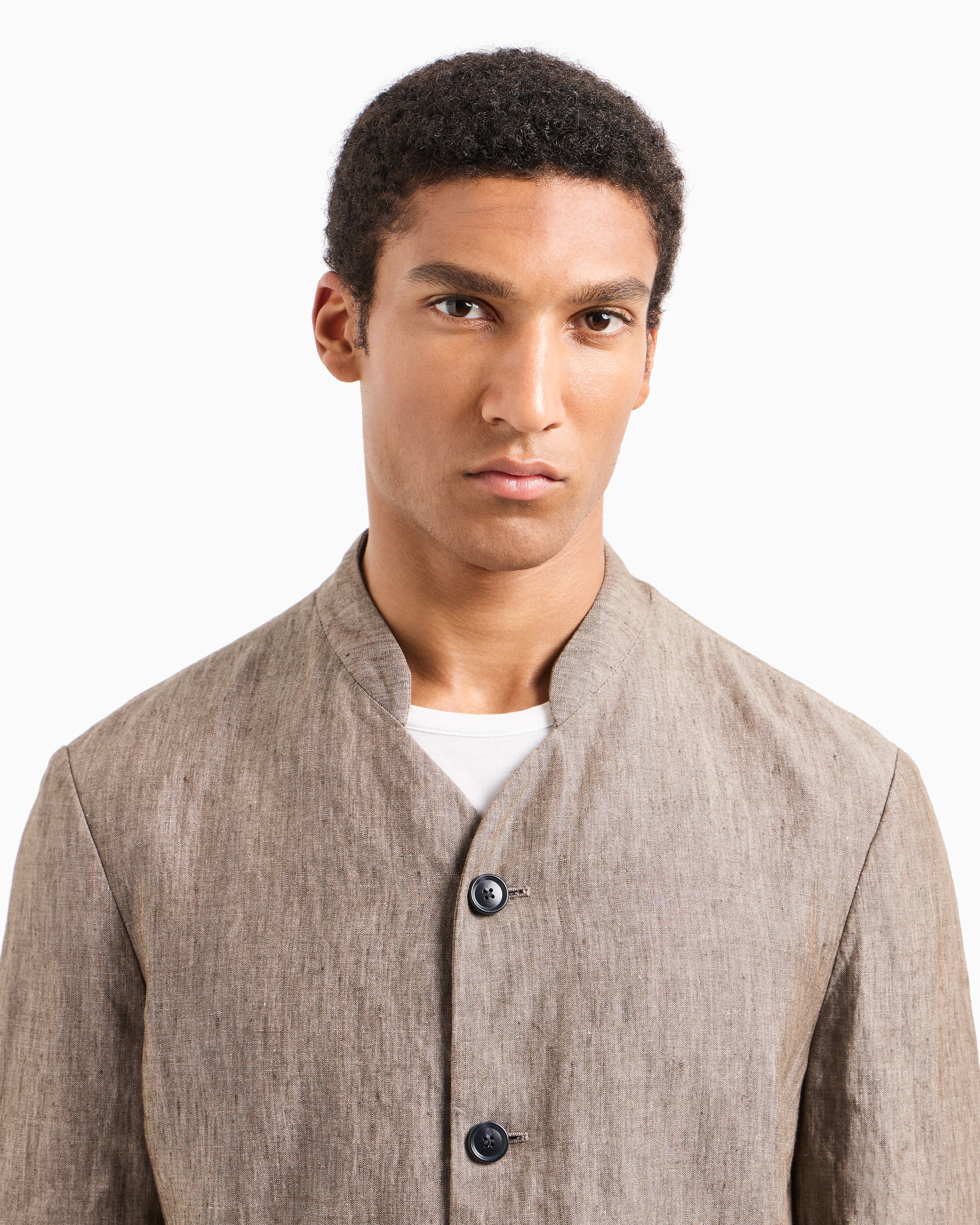 Giorgio Armani Single-breasted Jacket In Faded Linen Chambray In Sand