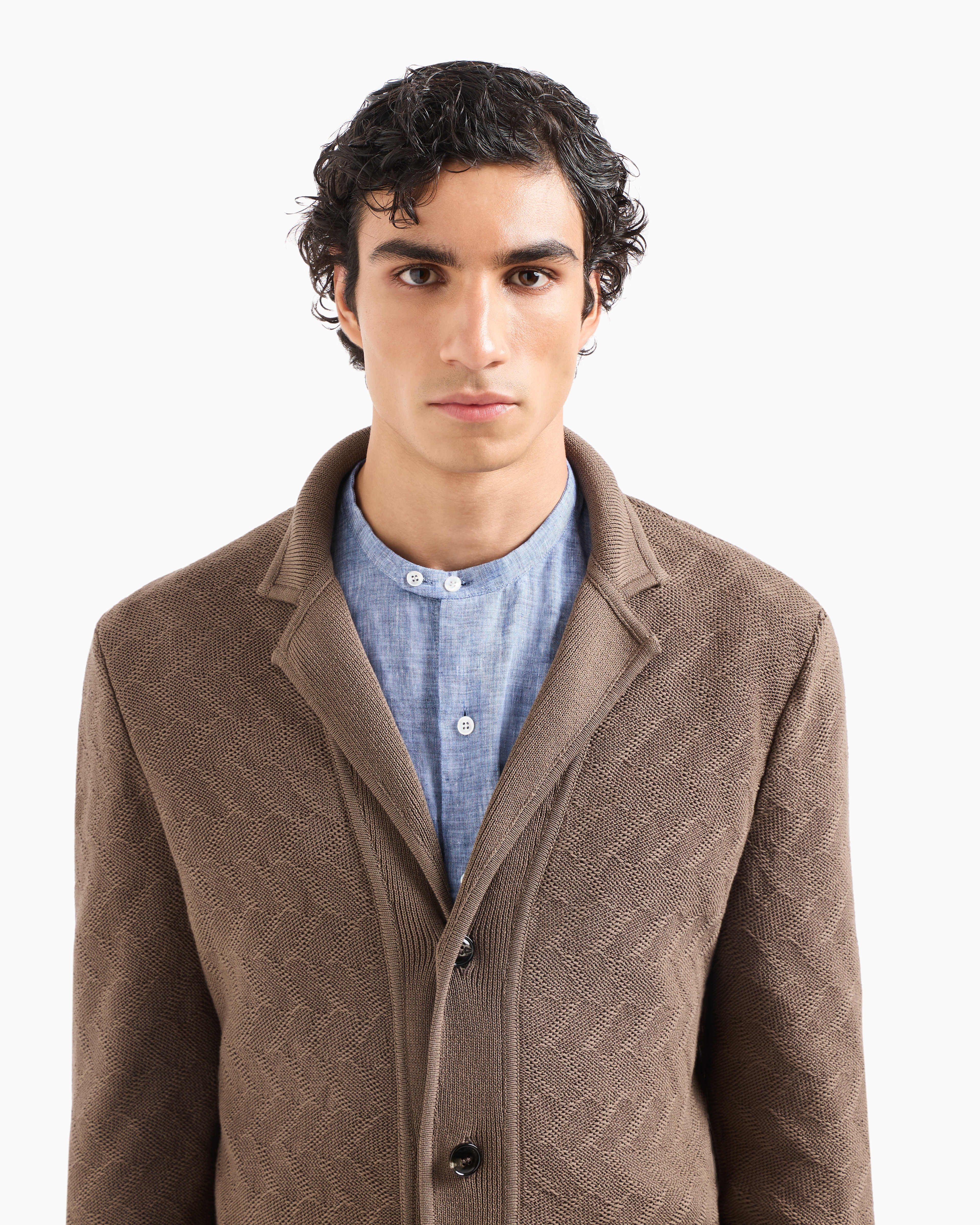 Giorgio Armani Single-breasted Jacket In A Jacquard Cotton Knit In Brown
