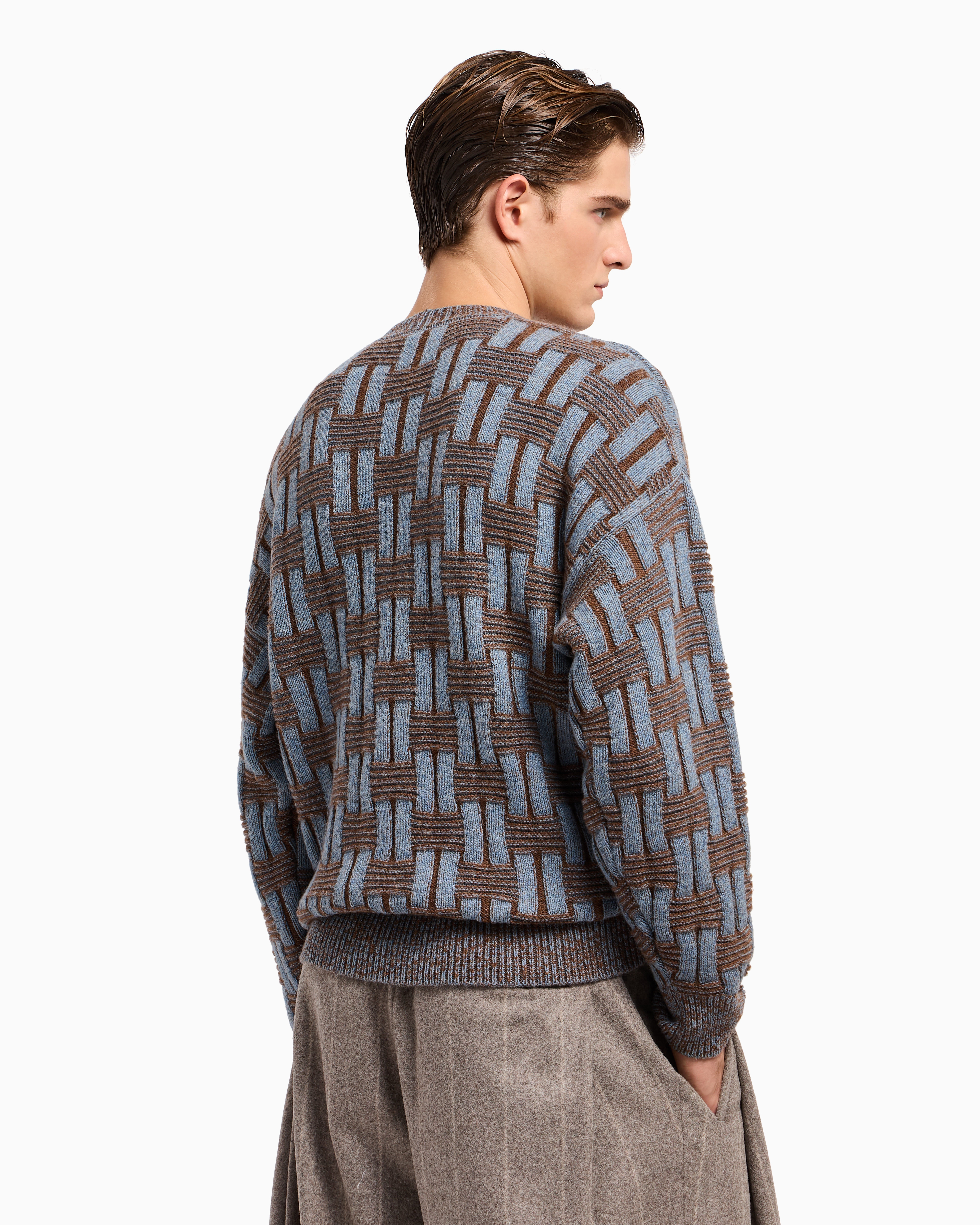 Giorgio Armani Crew Neck Geometric Pattern Sweater In Brown