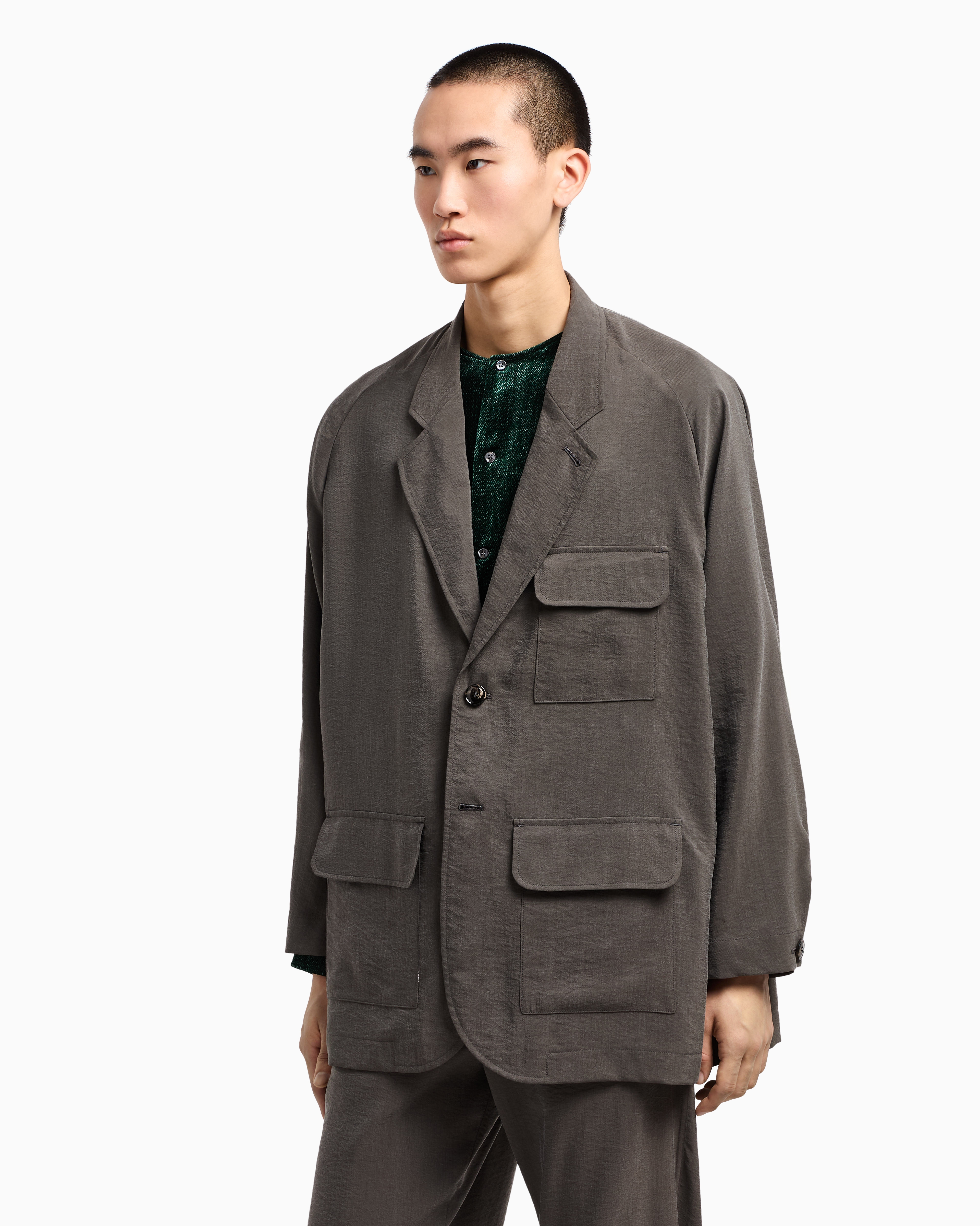 Giorgio Armani Washed Silk Single-breasted Jacket In Gray