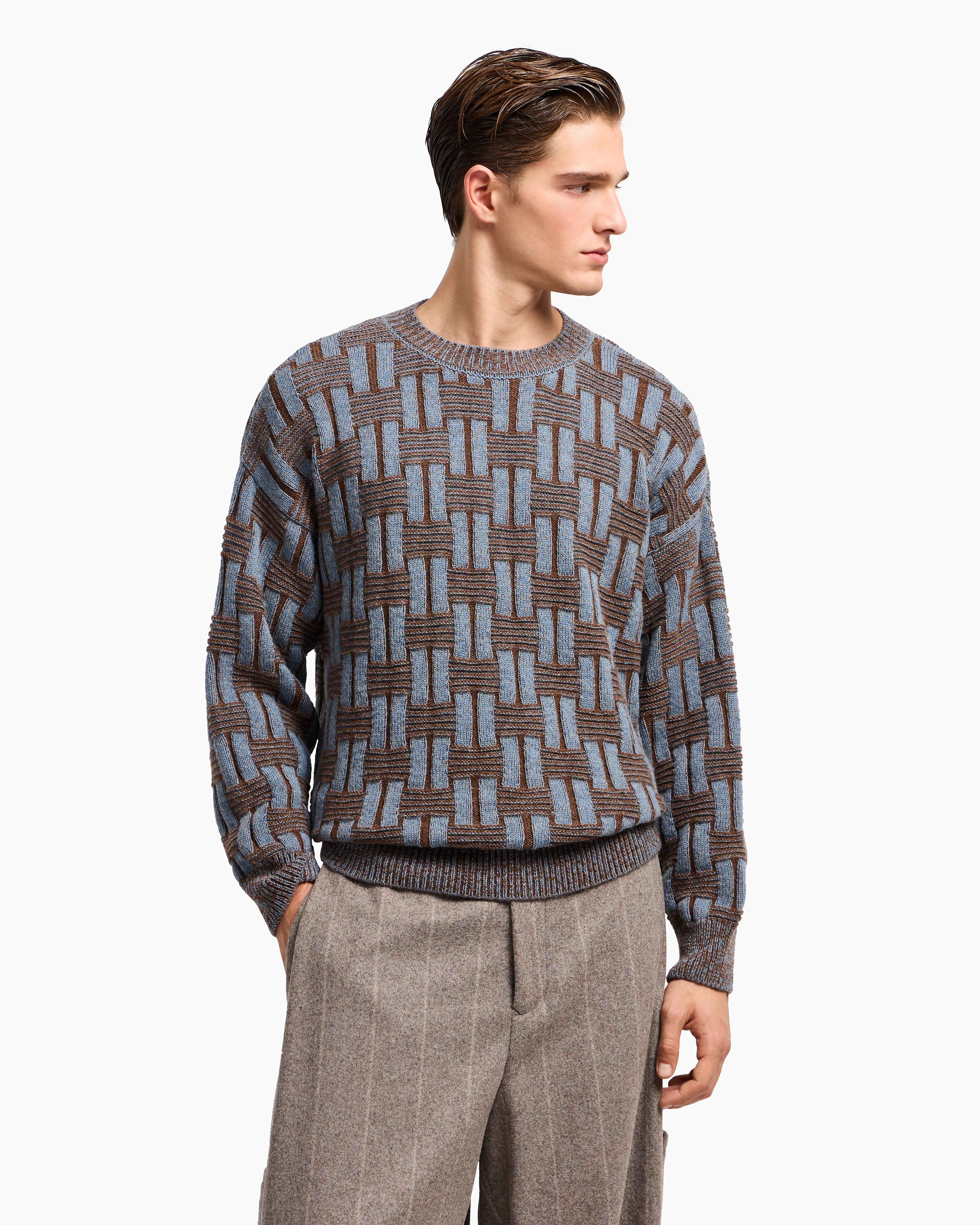 Giorgio Armani Crew Neck Geometric Pattern Sweater In Brown
