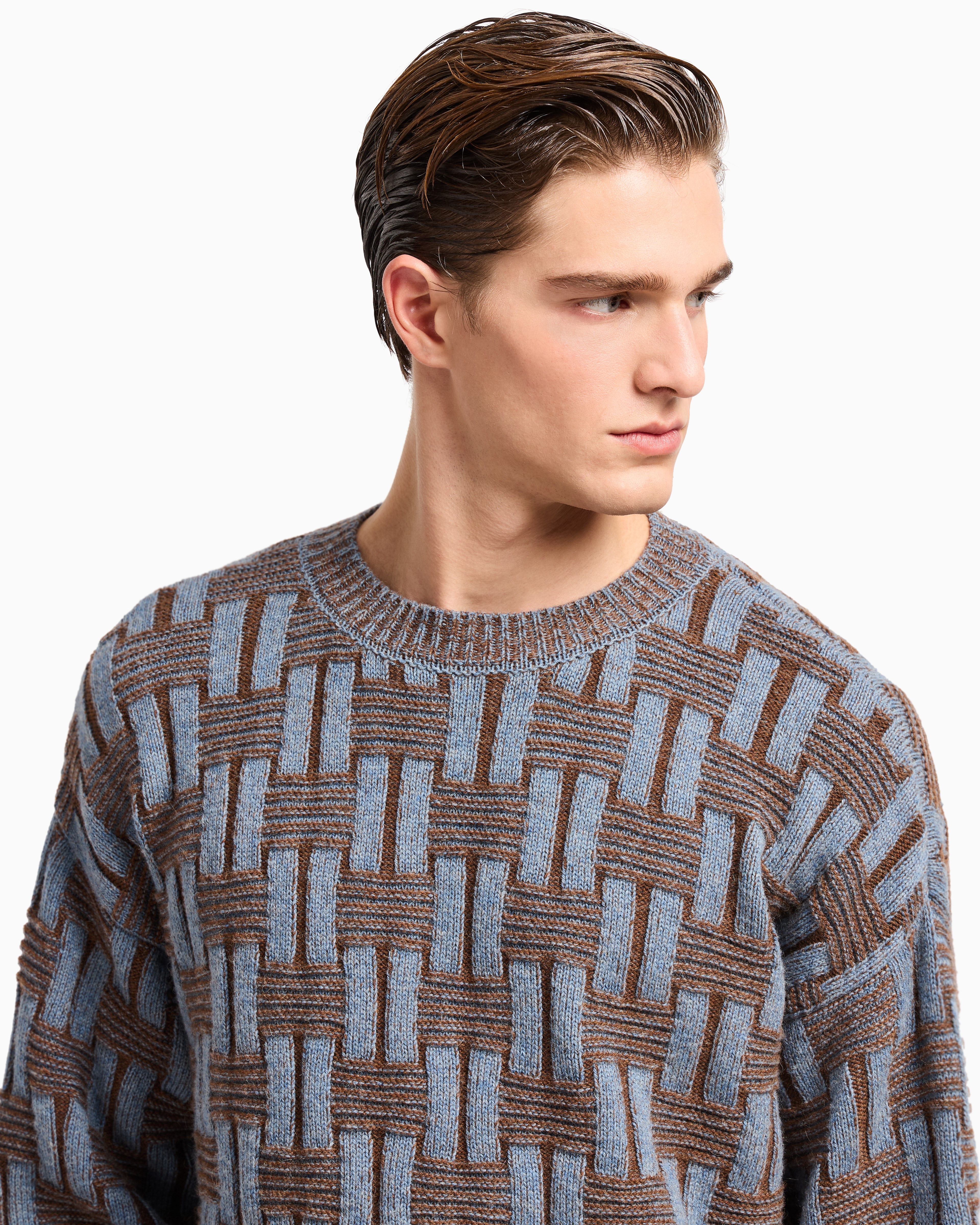 Giorgio Armani Crew Neck Geometric Pattern Sweater In Brown