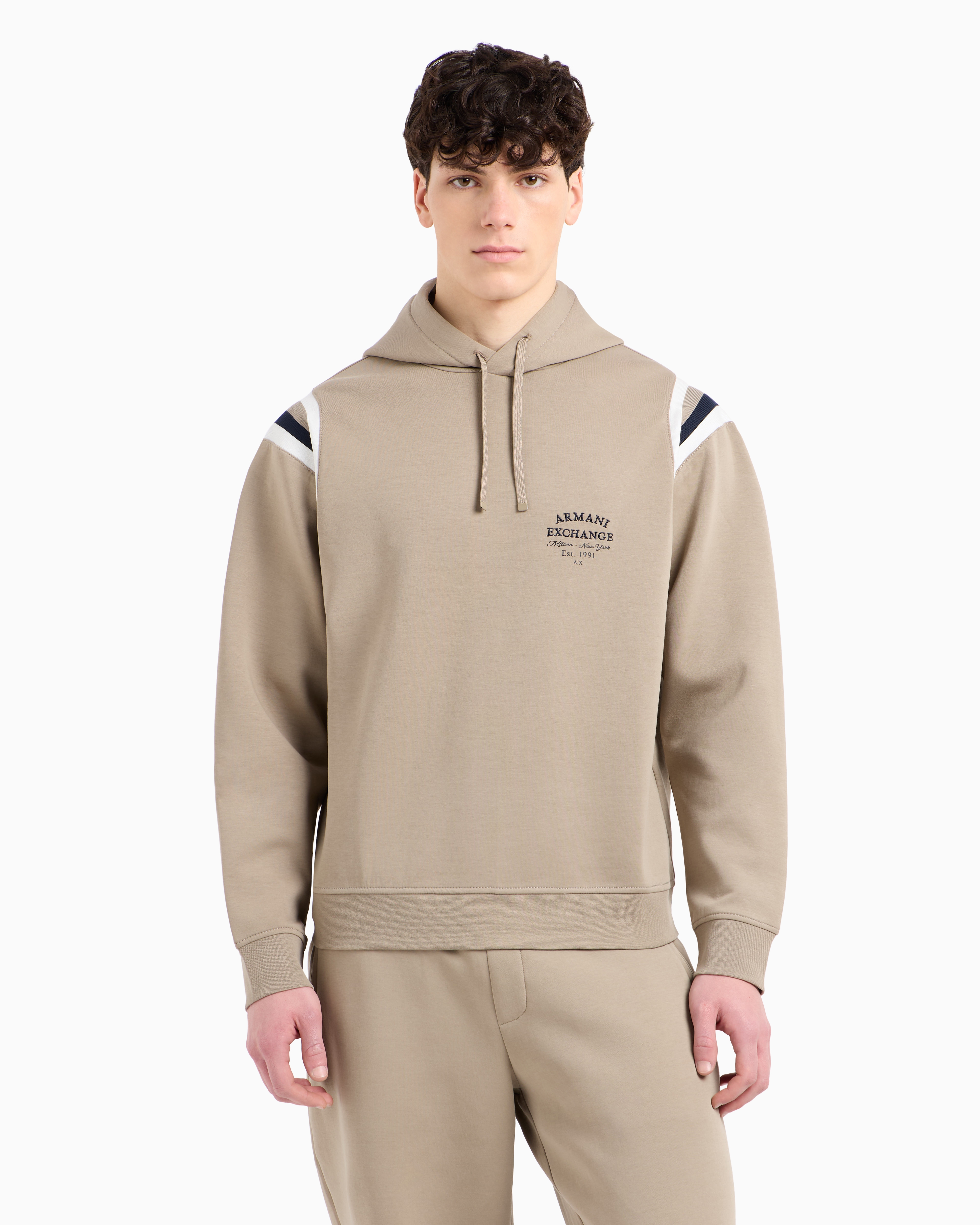 Armani Exchange - Cotton blend sweatshirt with stripes on the shoulders, Man, Beige, Size: