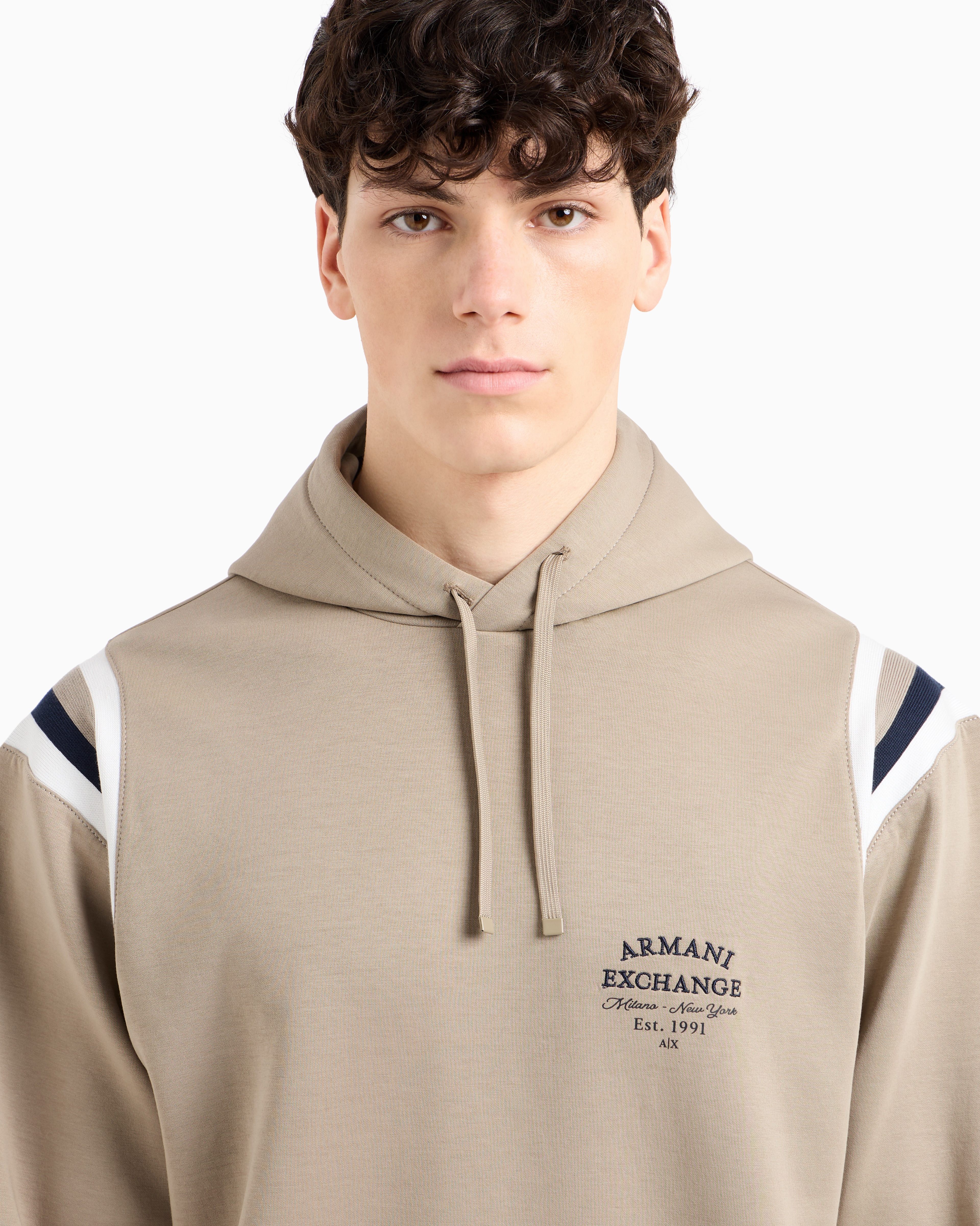 Armani Exchange - Cotton blend sweatshirt with stripes on the shoulders, Man, Beige, Size: