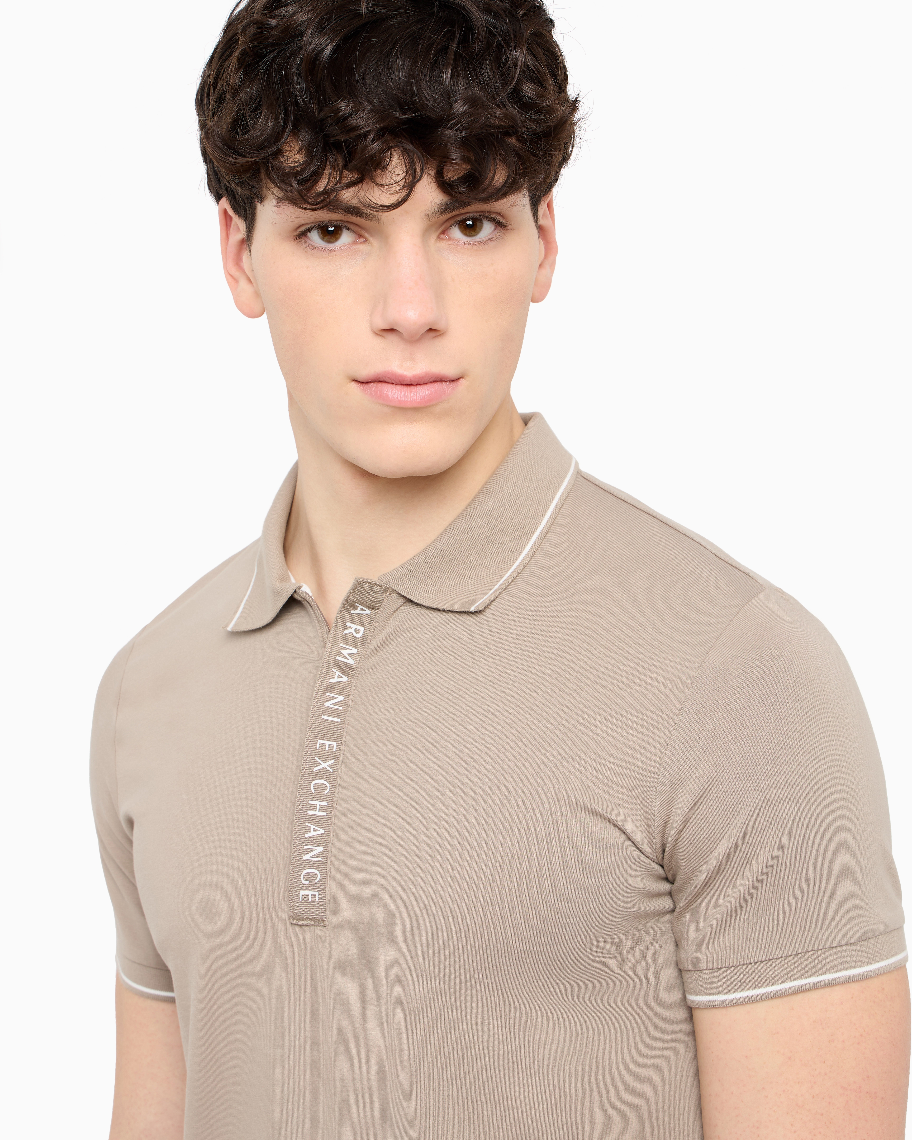 Armani Exchange - Polo with contrasting logo in cotton spandex, Man, Beige, Size: S
