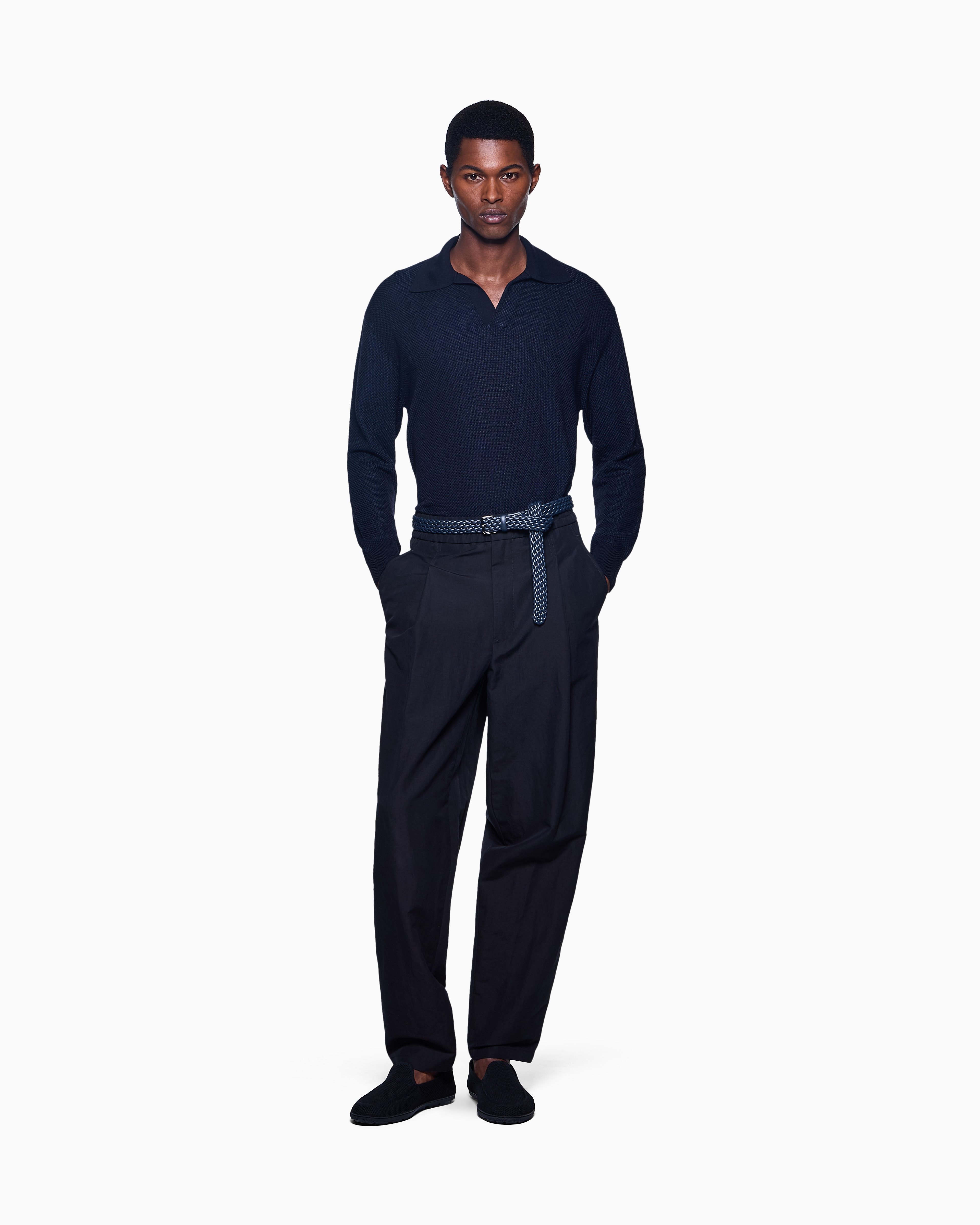 Giorgio Armani Micro Jacquard Virgin Wool And Viscose Polo Jumper