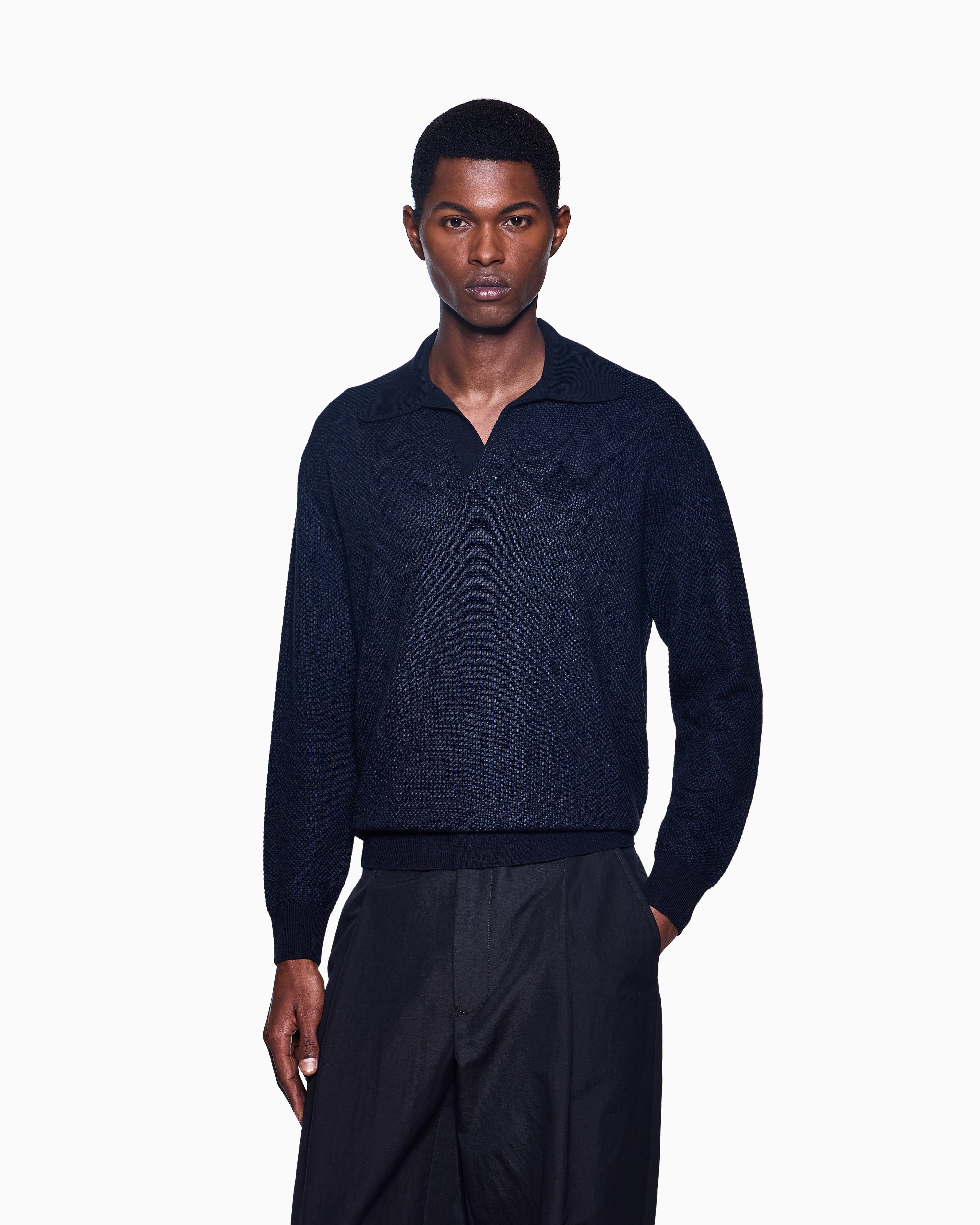 Giorgio Armani Micro Jacquard Virgin Wool And Viscose Polo Jumper