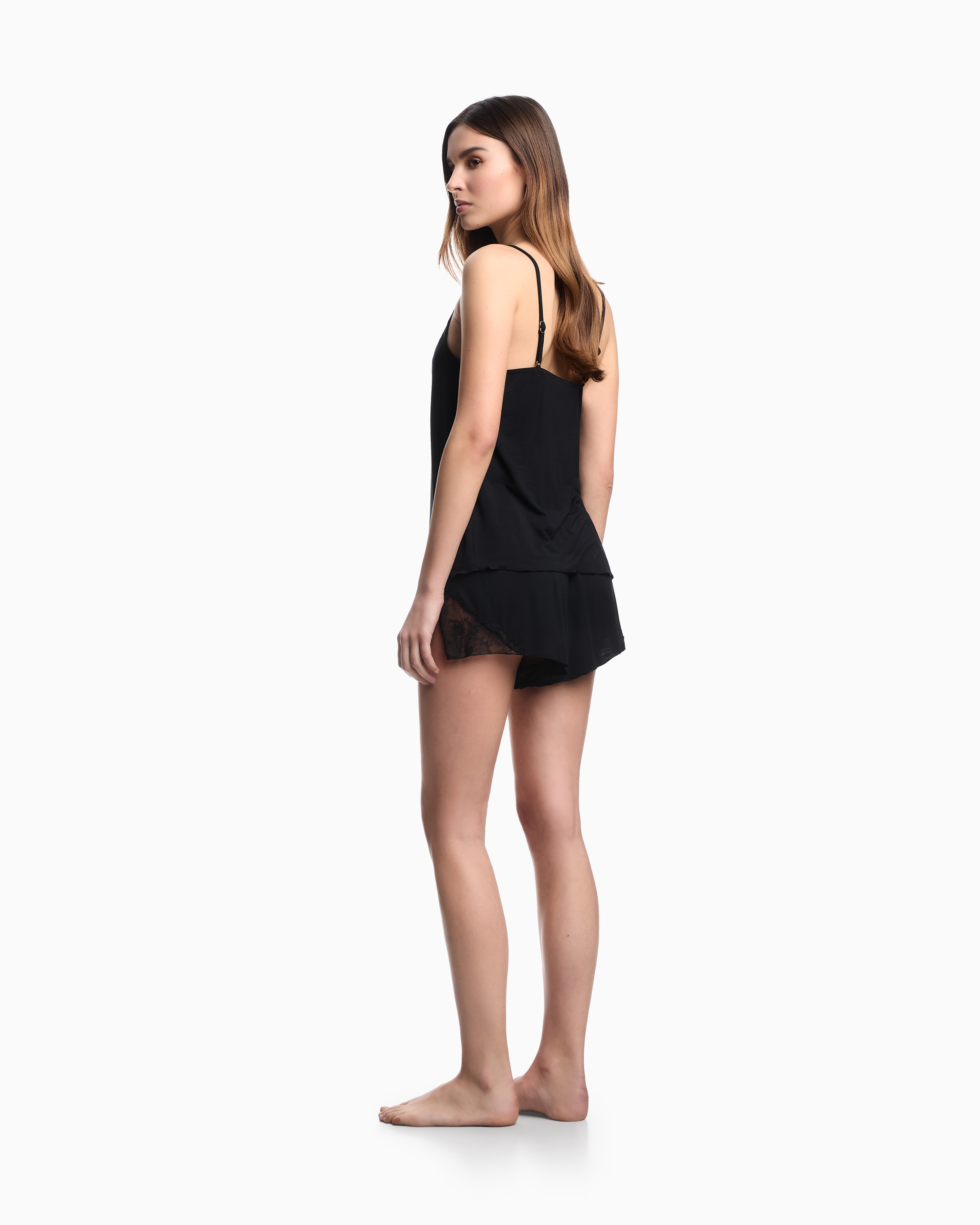 Emporio Armani Asv Eternal Lace Pyjama Top And Shorts With Recycled-lace Details In Black
