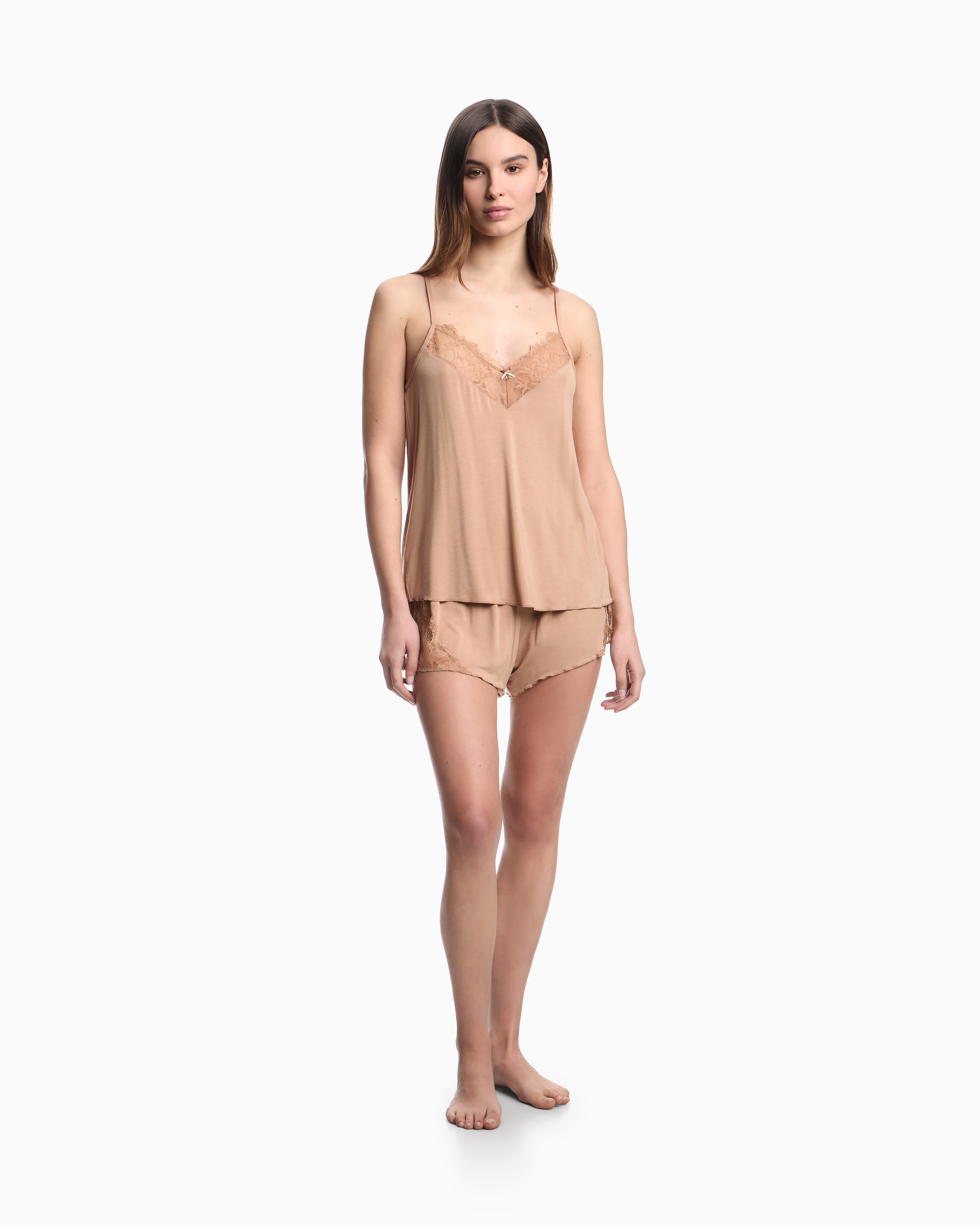 Emporio Armani Asv Eternal Lace Pyjama Top And Shorts With Recycled-lace Details In Neutral