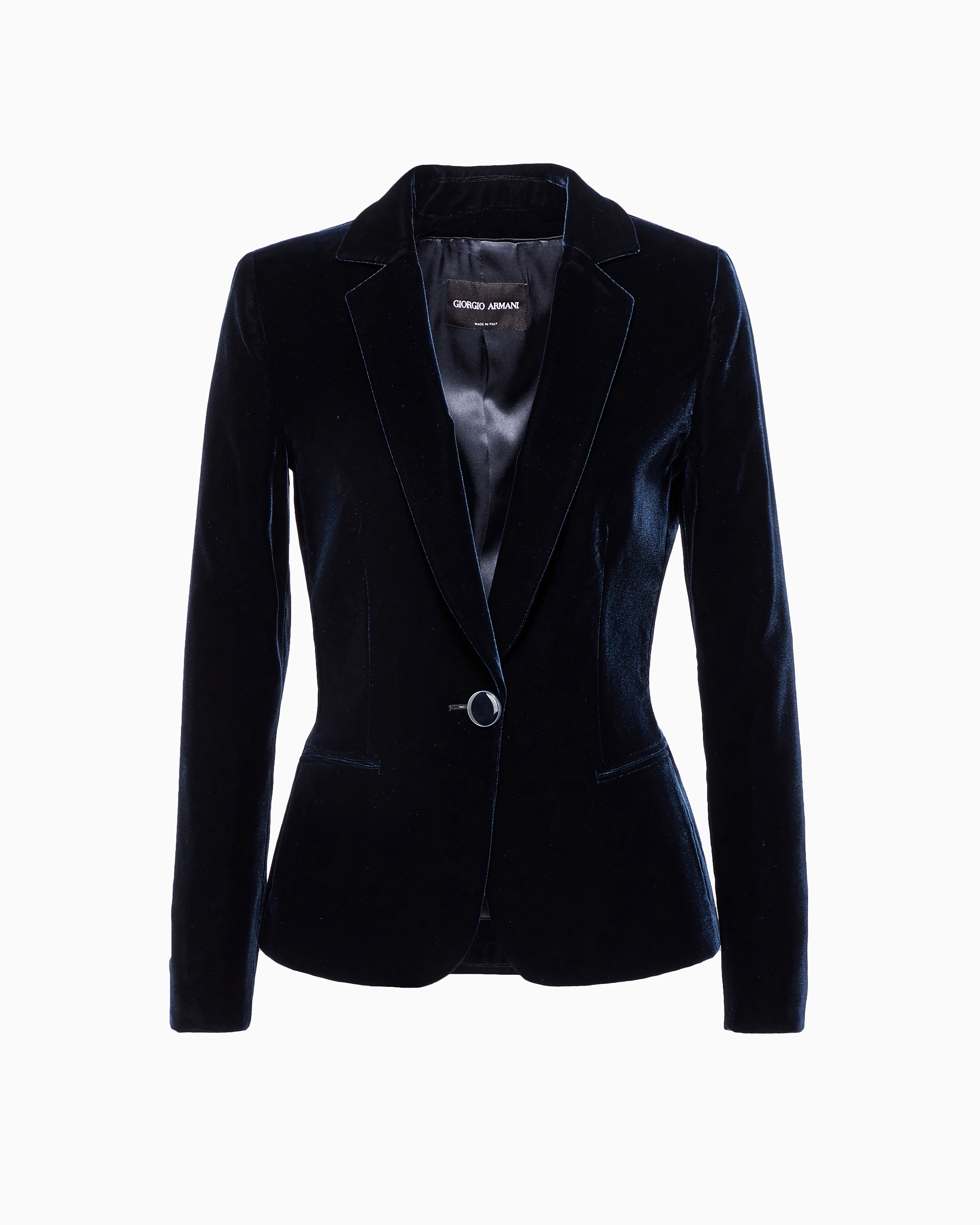 Single-breasted velvet jacket with jewel button detail