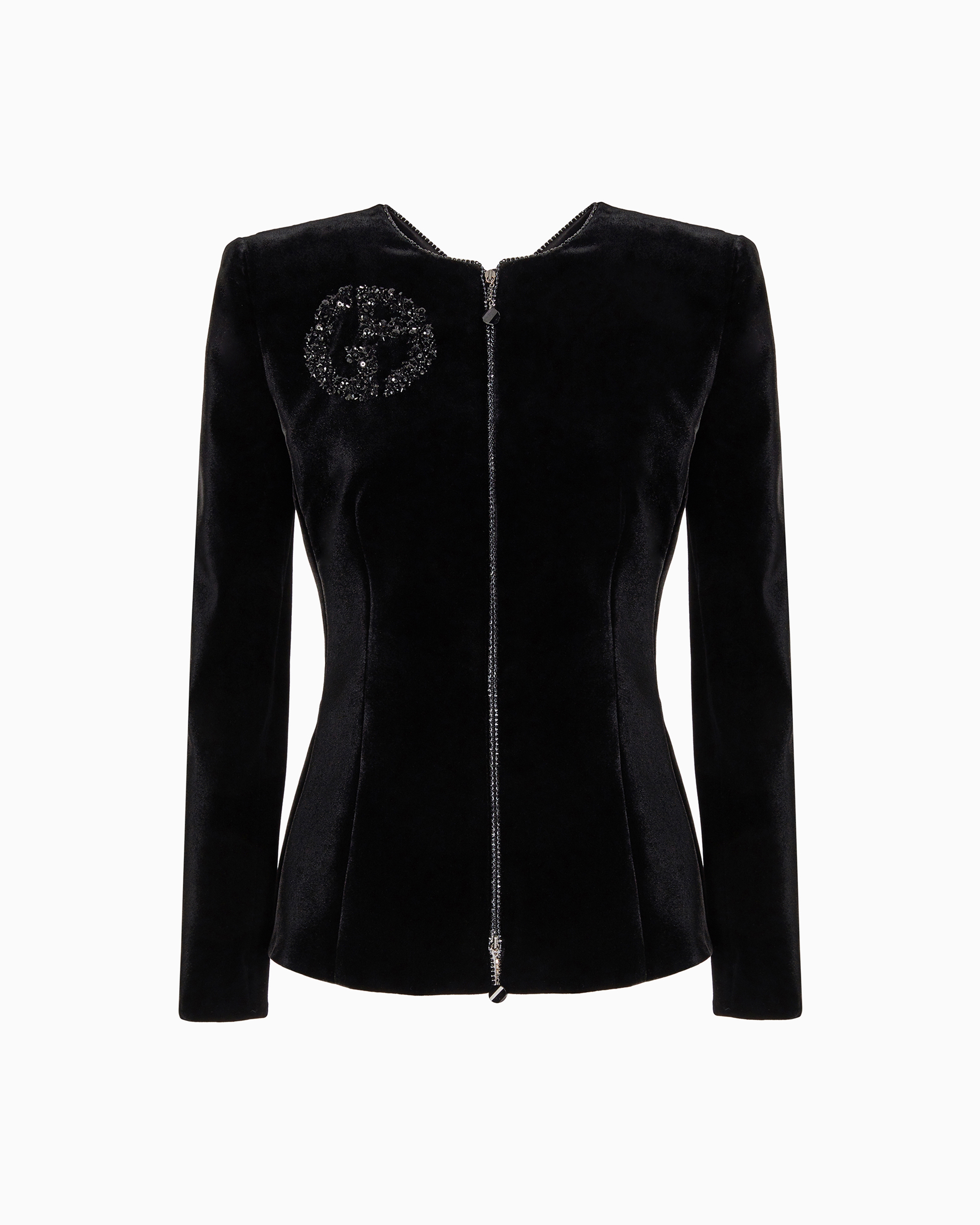 Giorgio Armani Velvet Zip-up Jacket With Bow Detail And Embroidery In Black