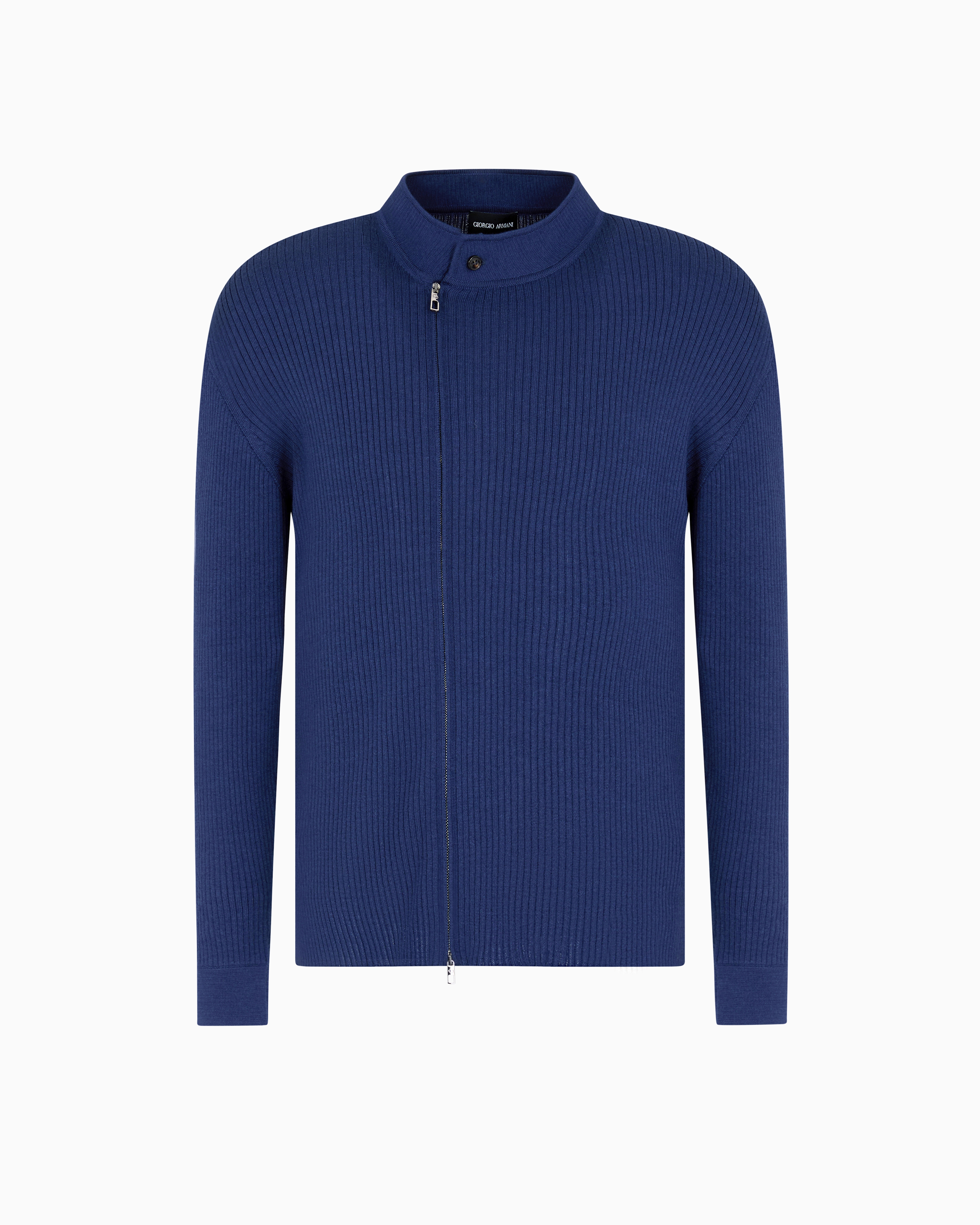 Giorgio Armani Ribbed Cashmere And Silk Zip-up Cardigan In Blue