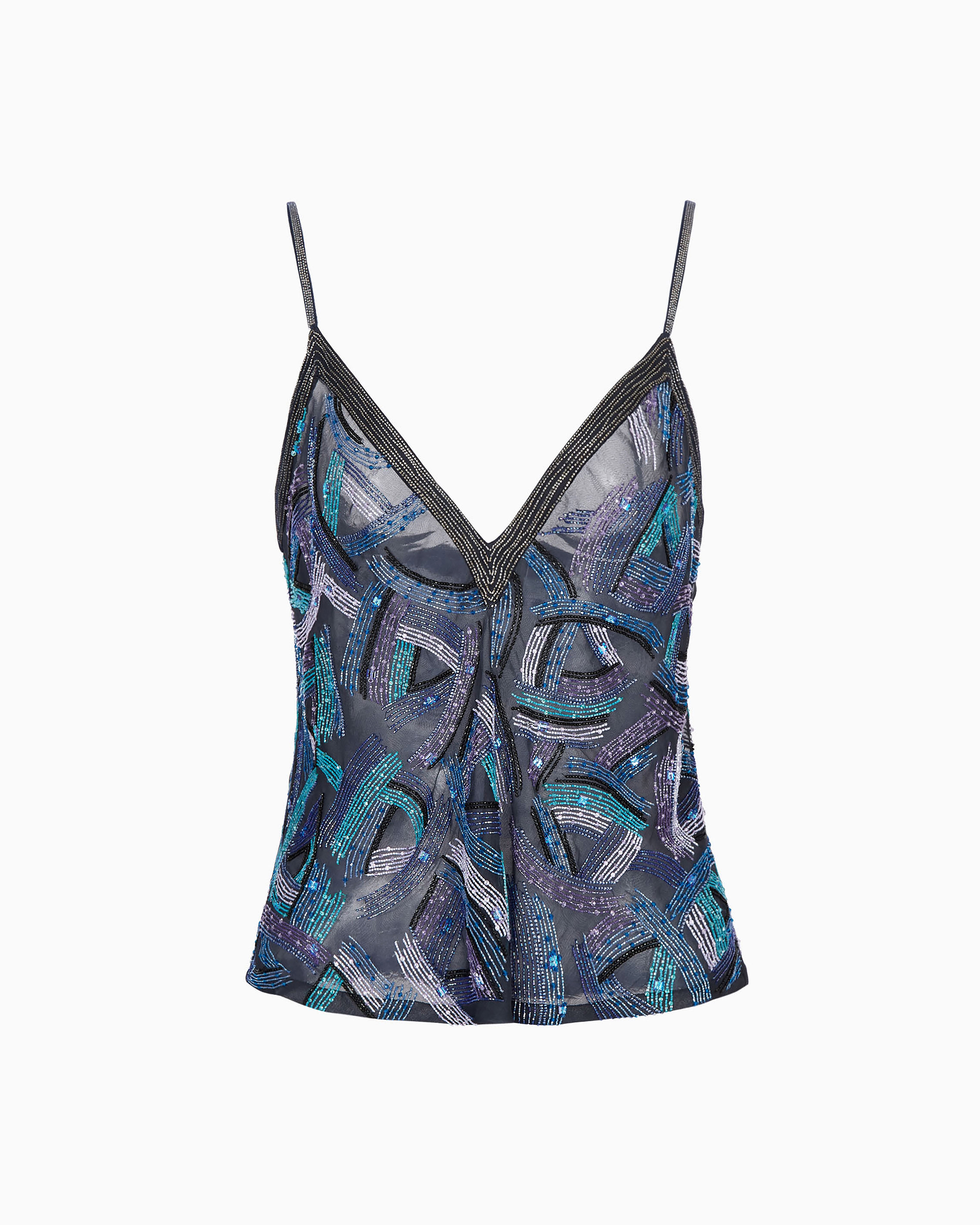 Giorgio Armani Embroidered Silk Organza V-neck Top In Blue