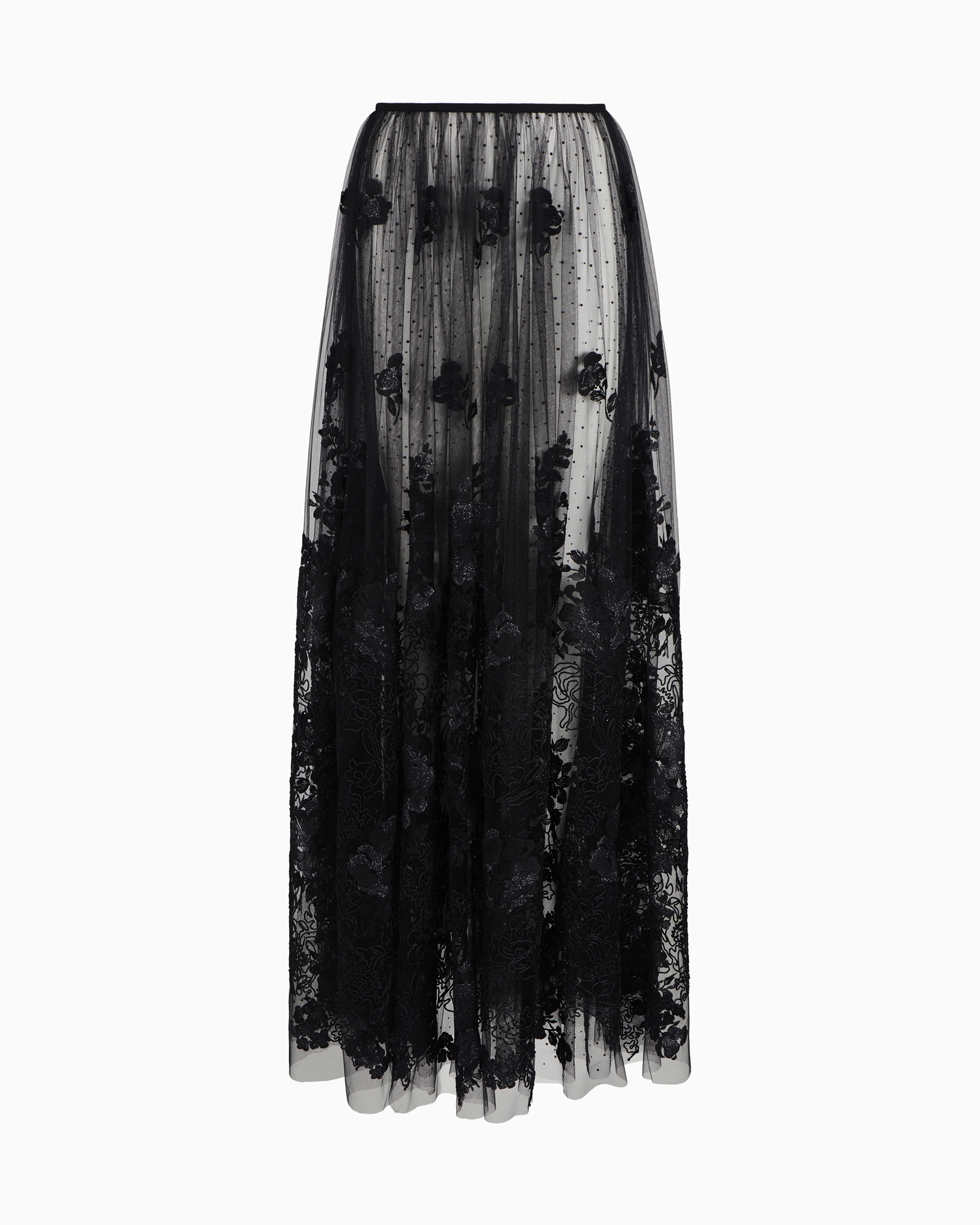 Giorgio Armani Long Skirt In Tulle And Embroidered Lace In Black