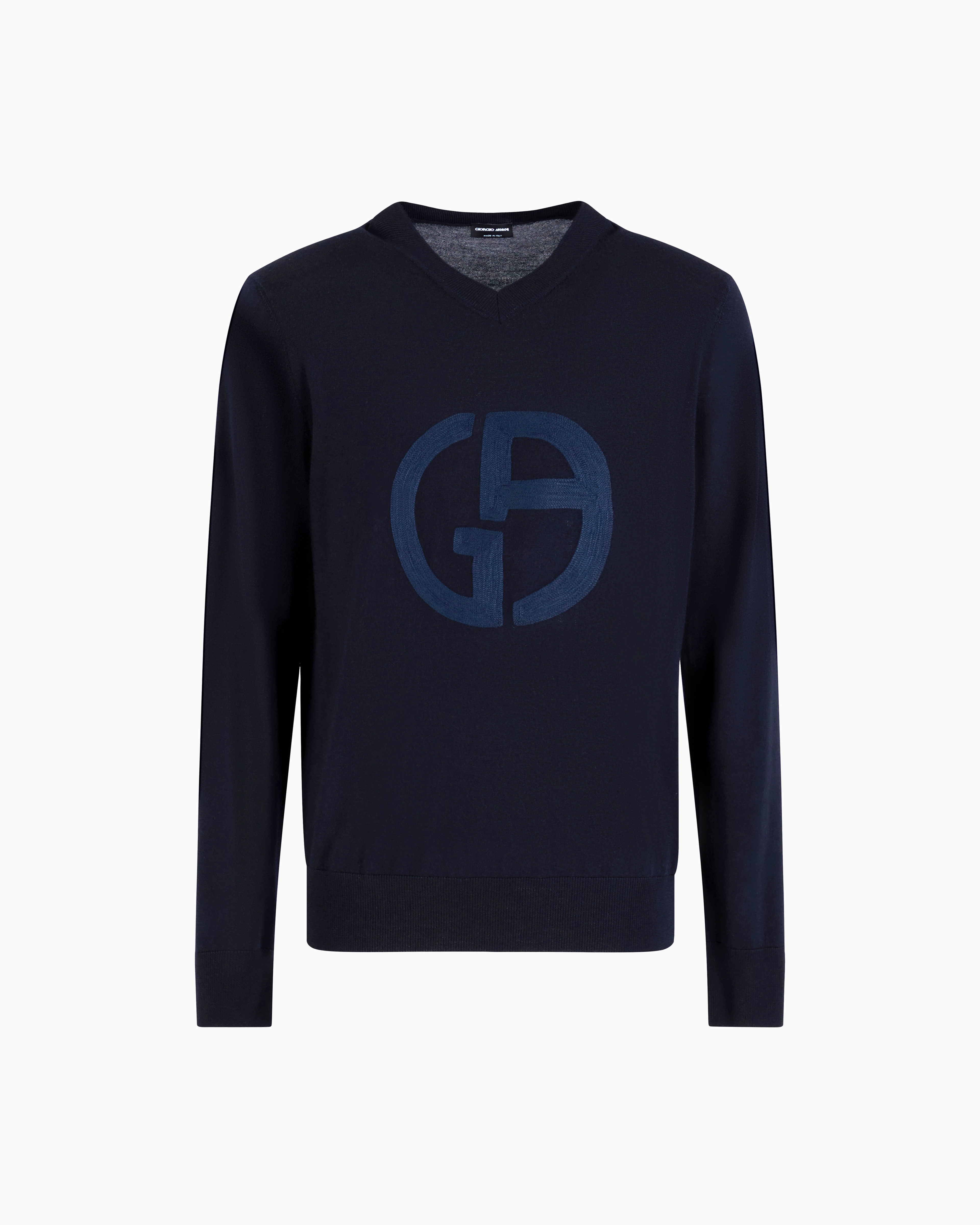 Giorgio Armani V-neck Jumper In Virgin Wool And Cashmere In Blue