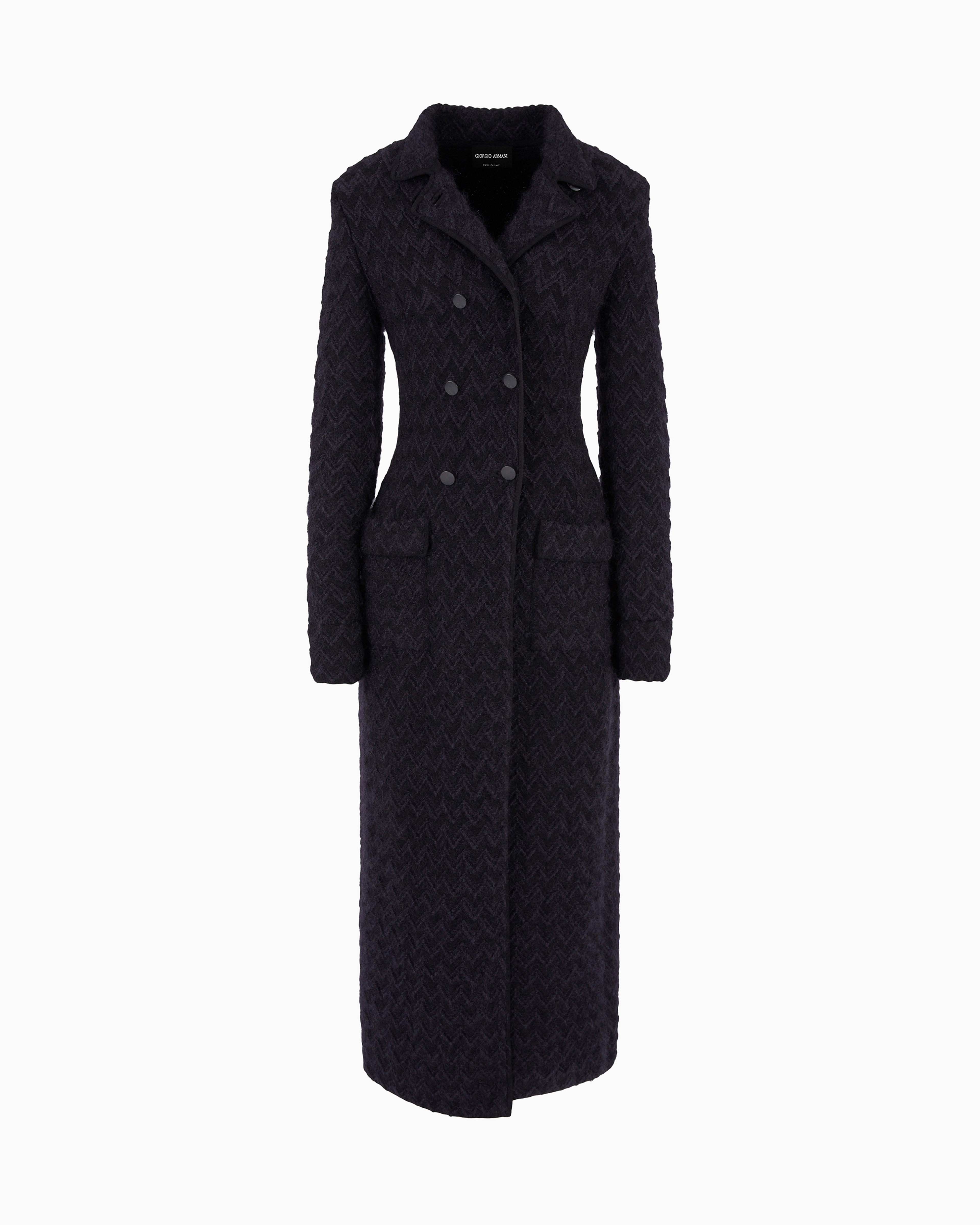 Long double-breasted coat in chevron jacquard viscose, silk