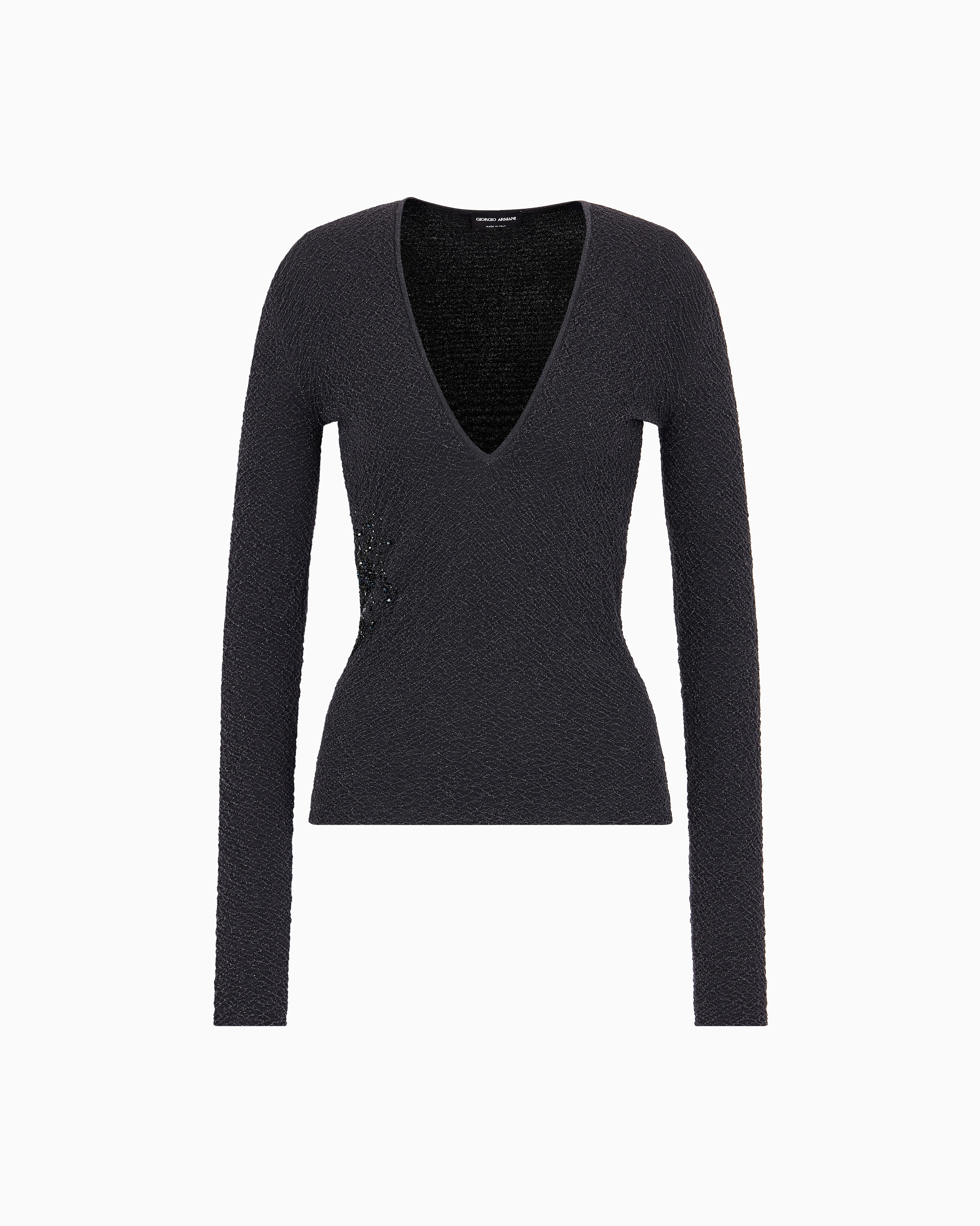 Giorgio Armani V-neck Jumper In Embossed Metallic Viscose With Embroidery