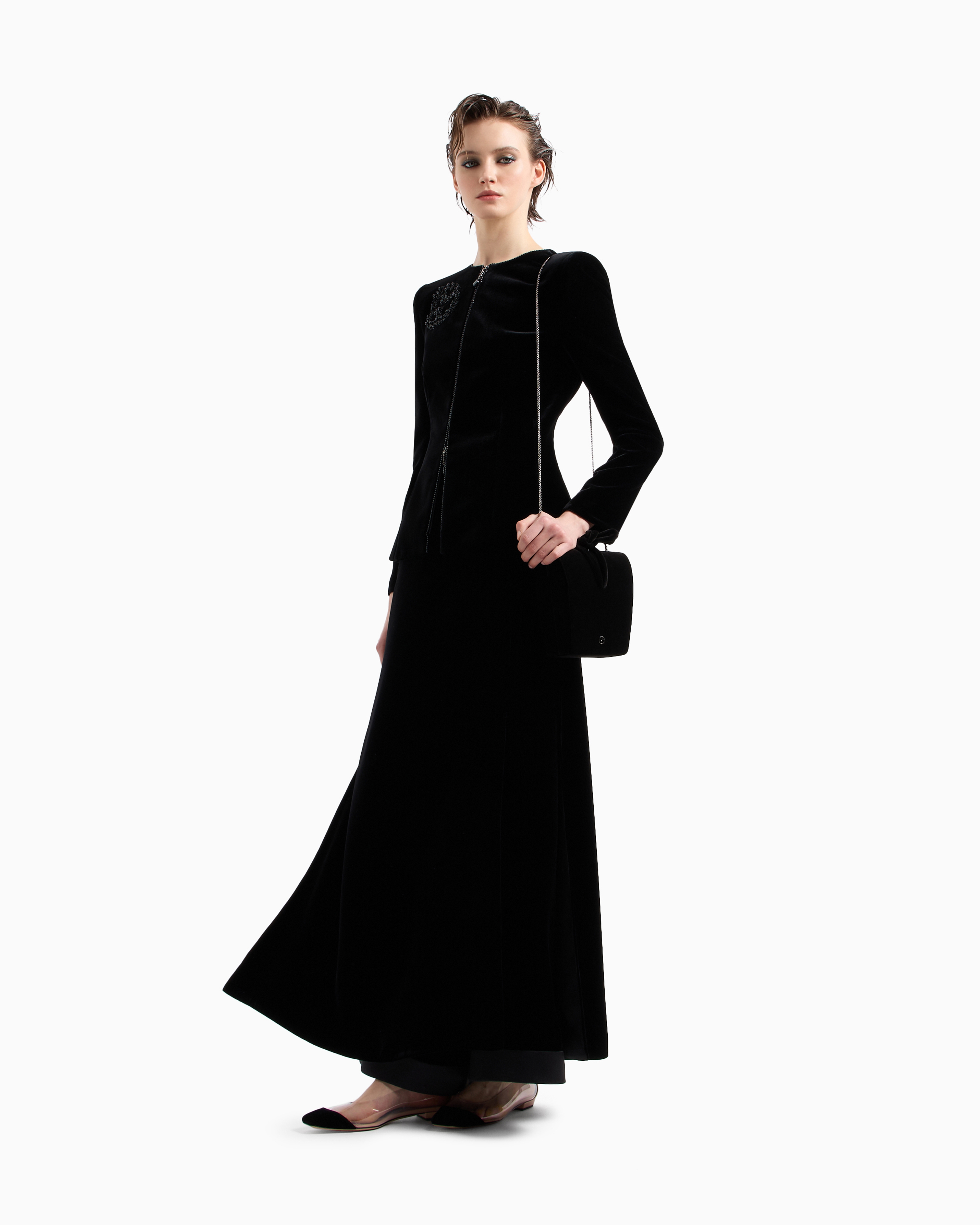 Giorgio Armani Velvet Zip-up Jacket With Bow Detail And Embroidery In Black