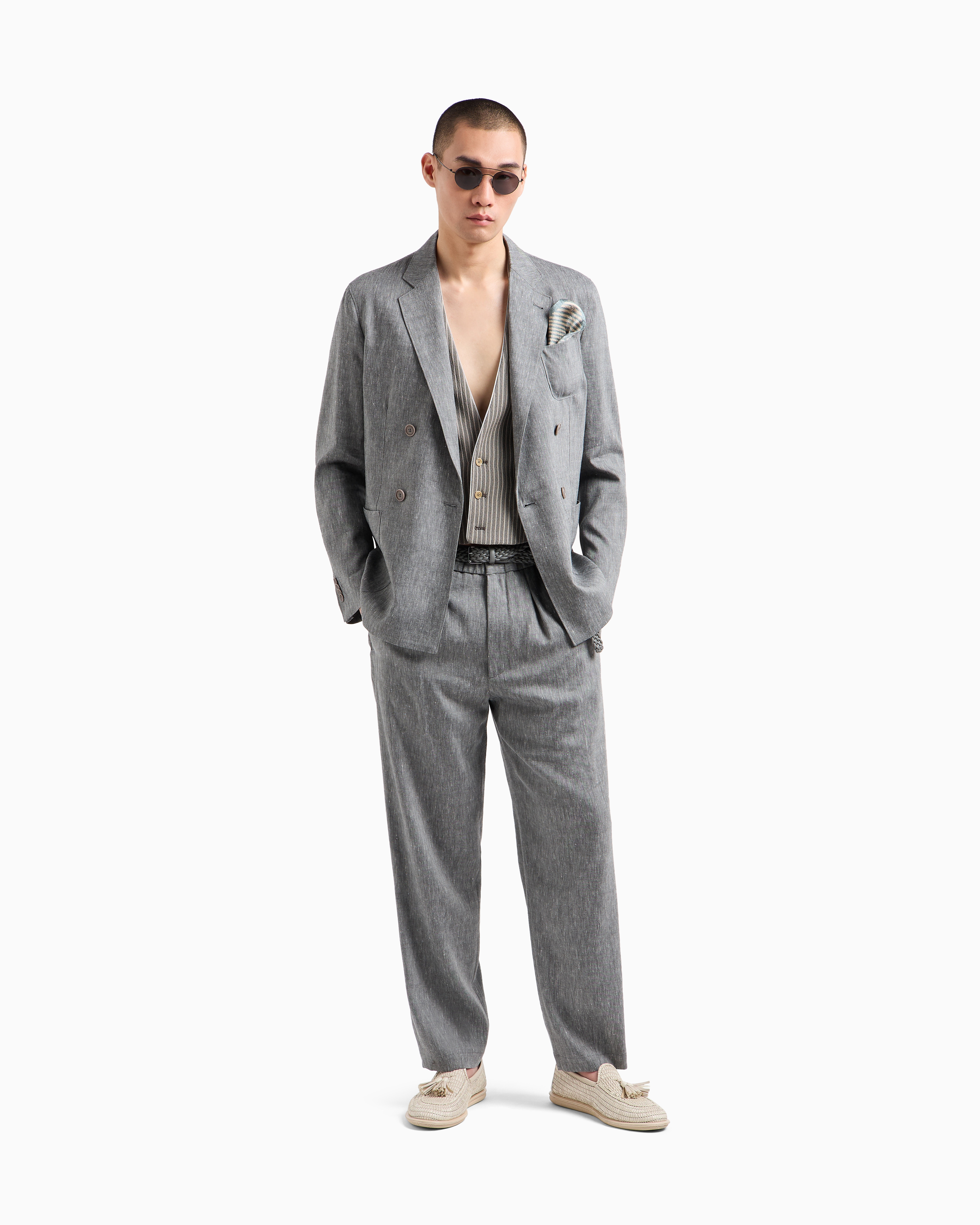 Giorgio Armani Single-pleat, Denim-effect Linen And Virgin Wool Trousers