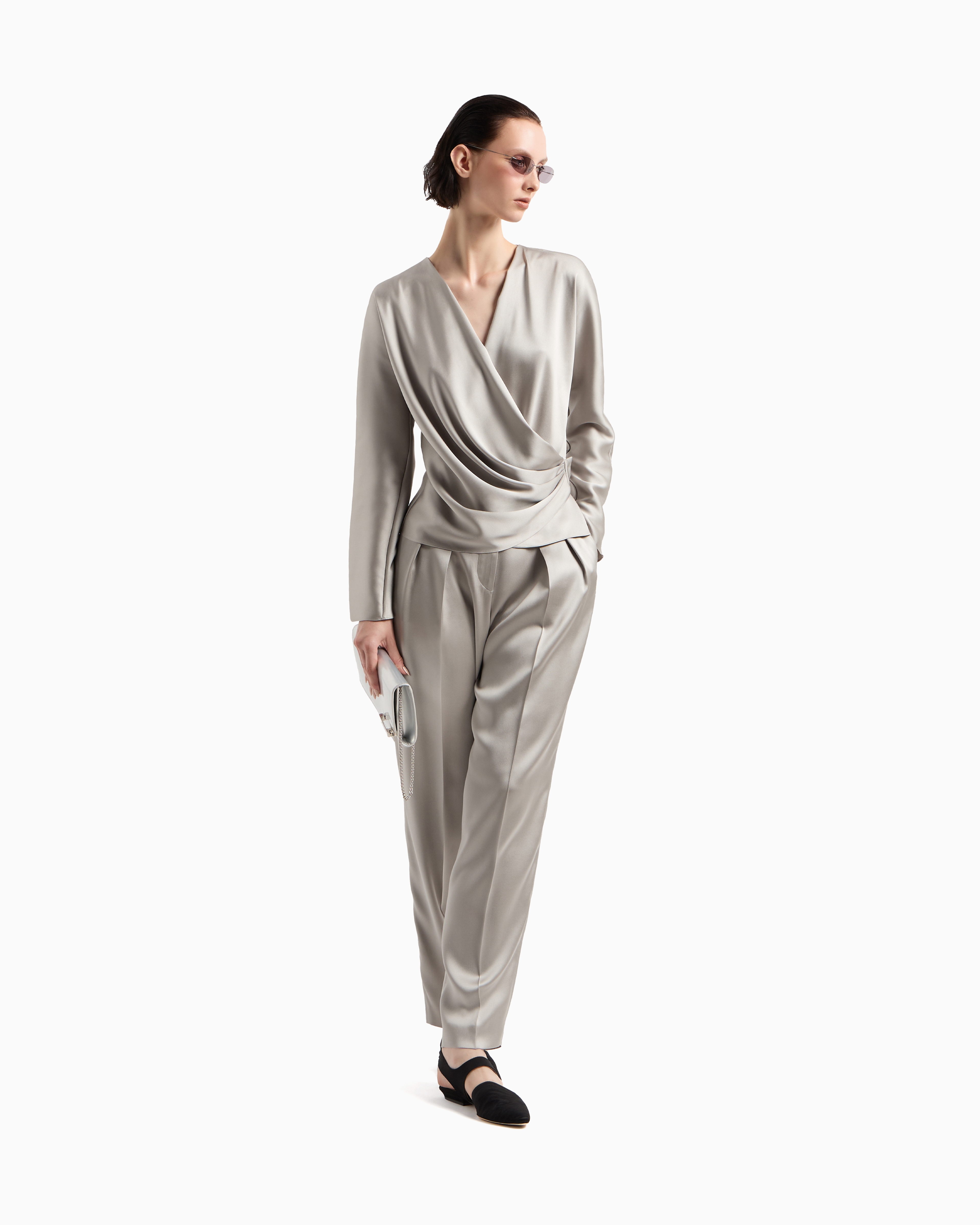 Giorgio Armani Shirt In Double-sided Silk Satin In Gray