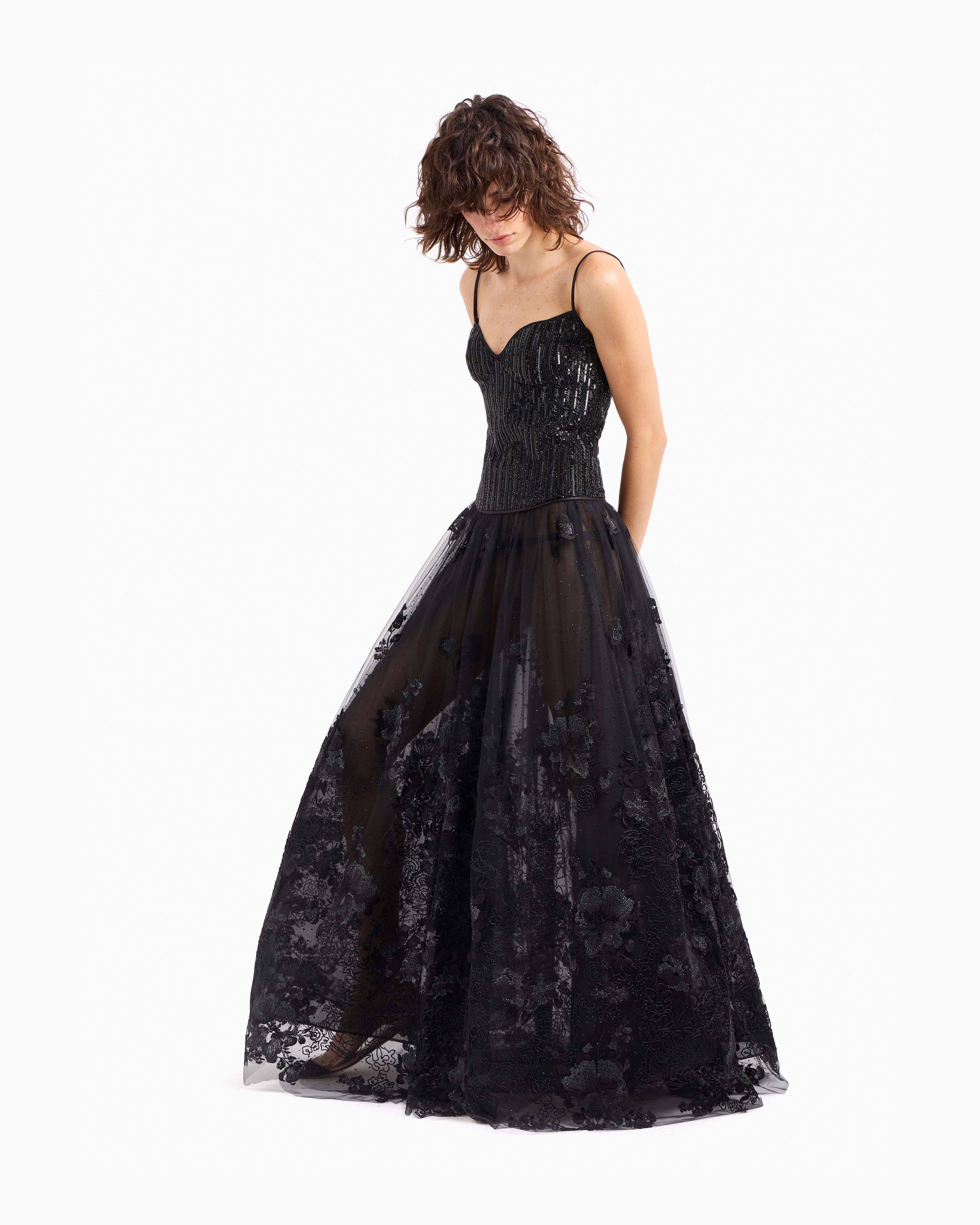 Giorgio Armani Long Skirt In Tulle And Embroidered Lace In Black