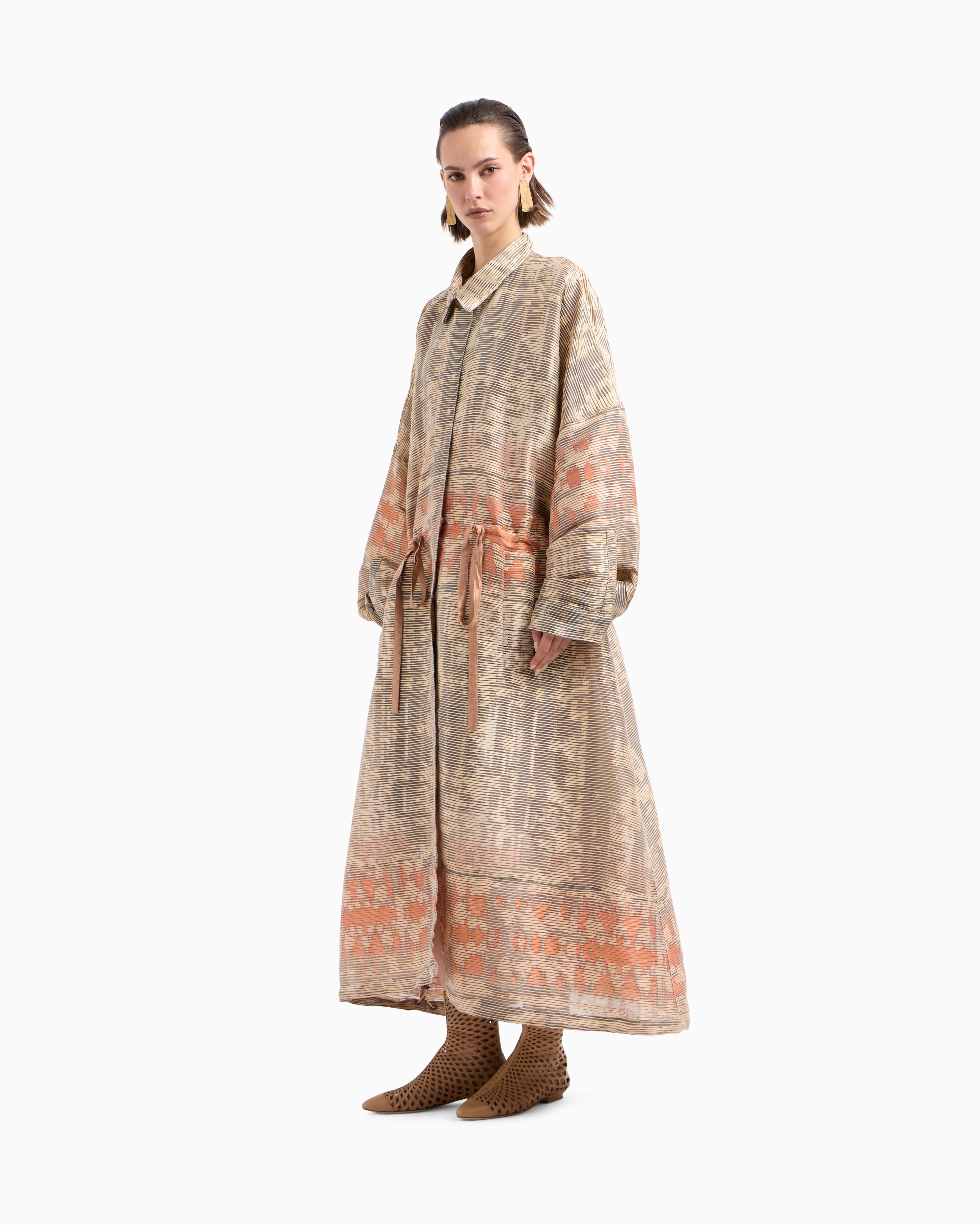 Giorgio Armani Silk-blend Jacquard Canneté Long Overcoat In Neutral