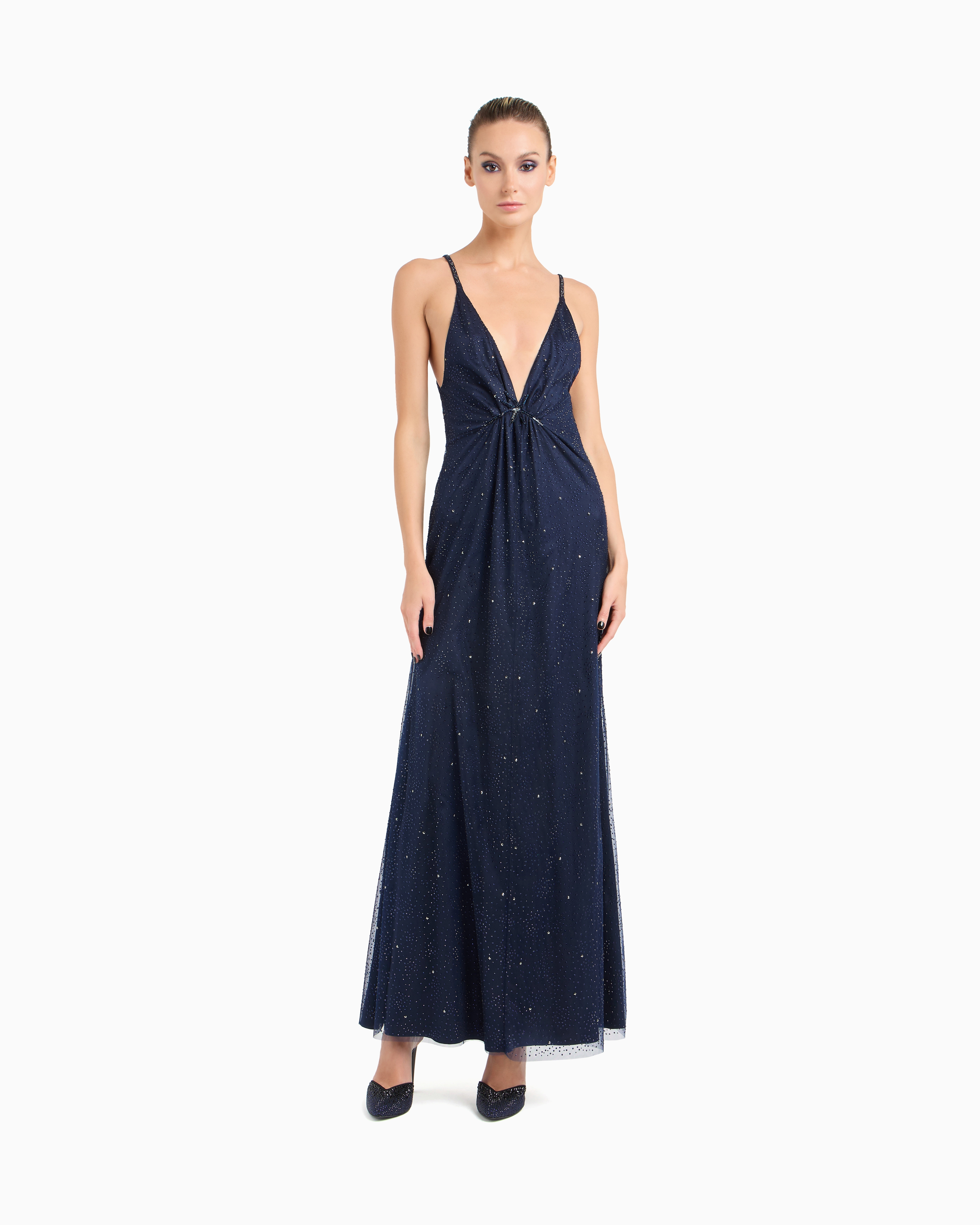 Giorgio Armani Silk Blend Long Dress With Rhinestone Embroidery