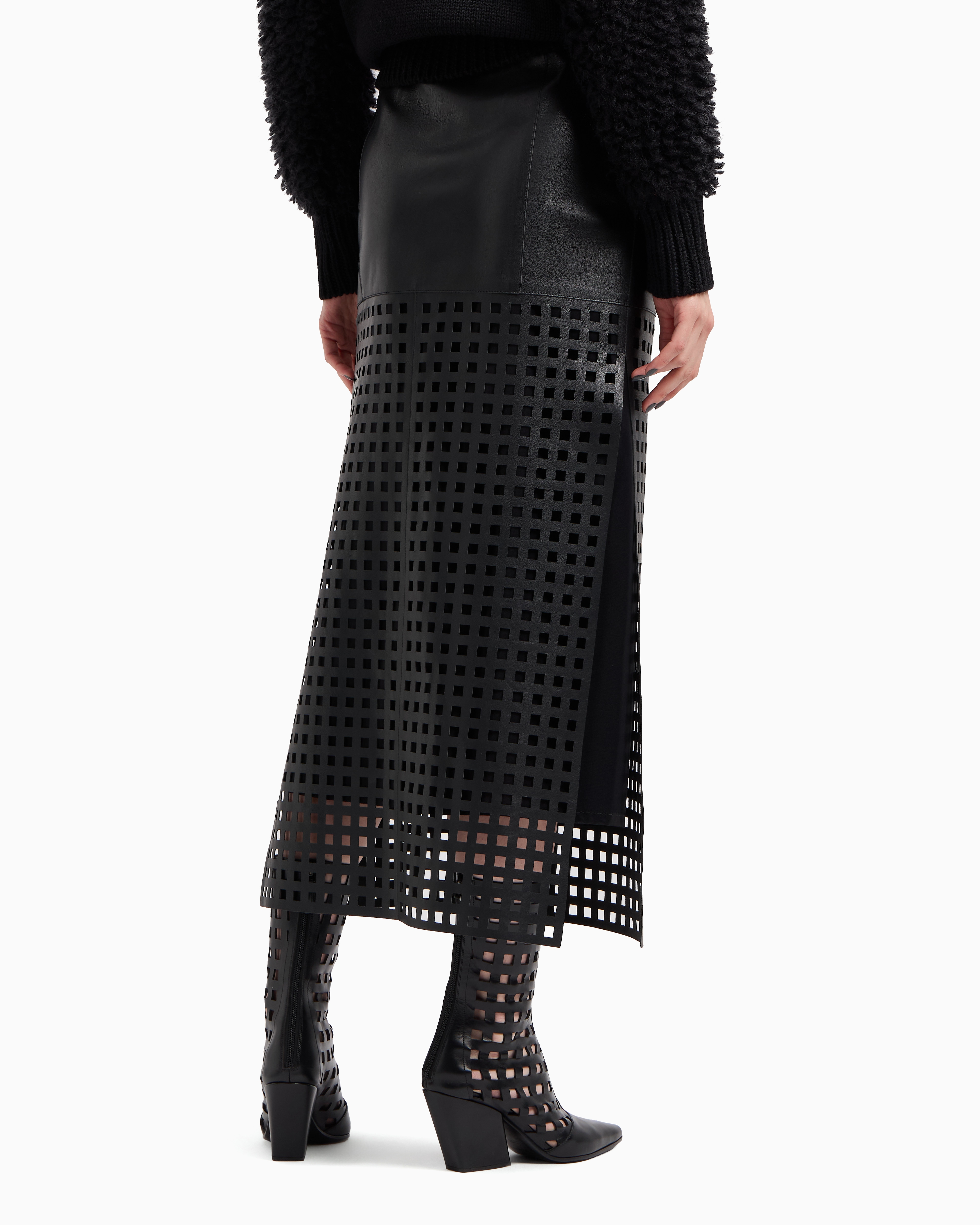 Emporio Armani - Polygon capsule collection midi skirt vegetable-tanned nappa leather with laser-cut perforations, Woman, Black, Size: