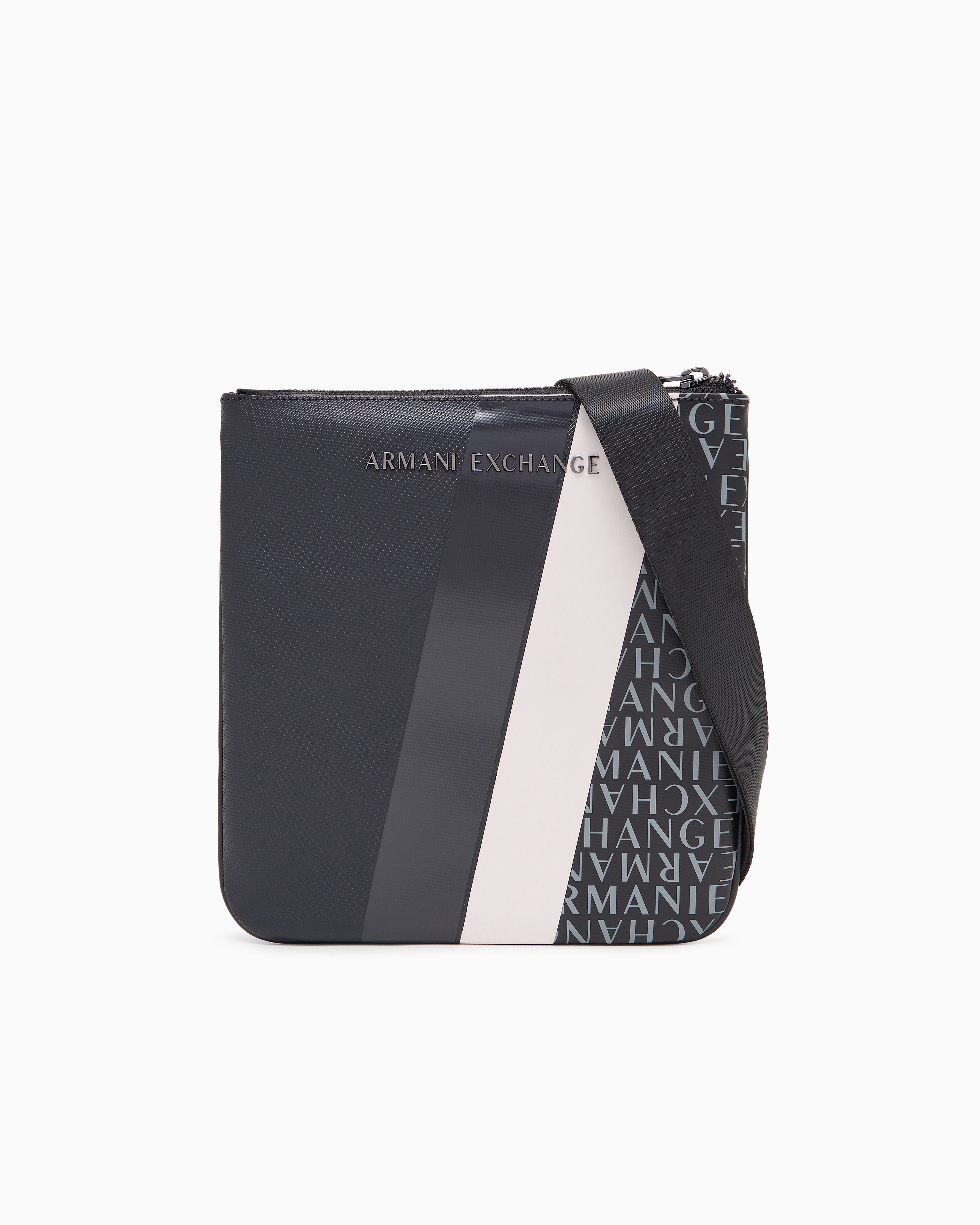 Armani Exchange Monogram And Stripe Flat Shoulder Bag In Navy Blue