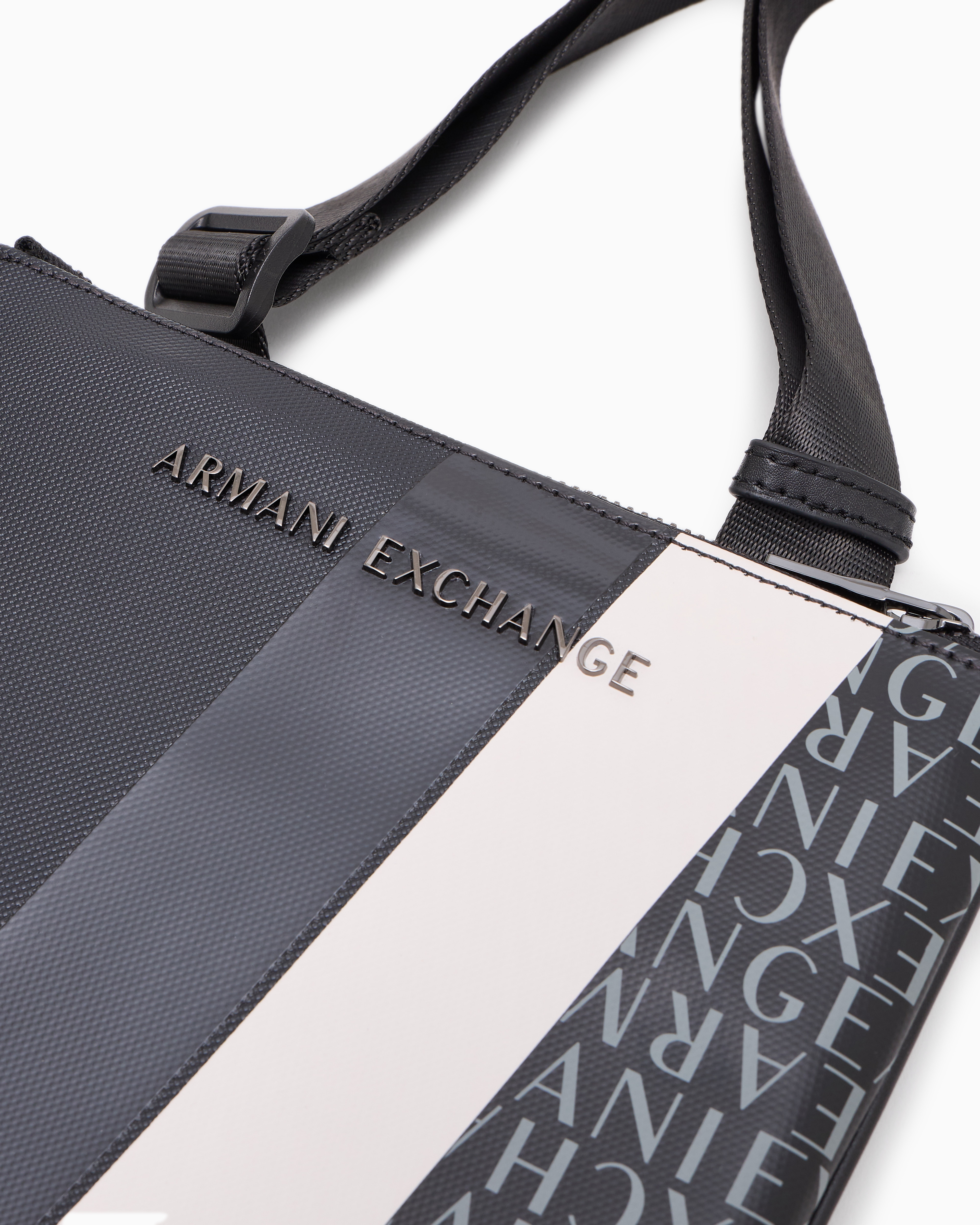 Armani Exchange Monogram And Stripe Flat Shoulder Bag In Navy Blue