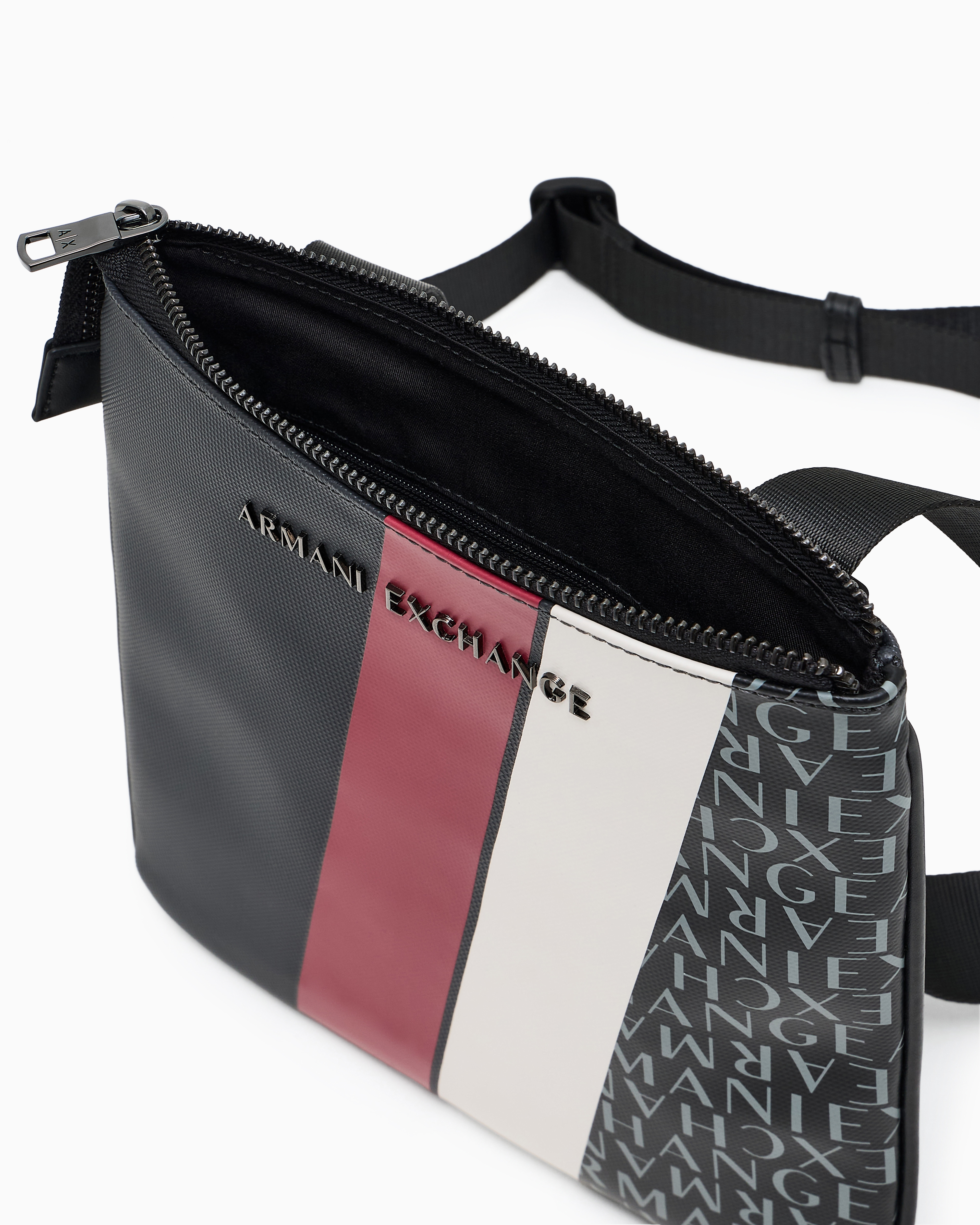 Armani Exchange - Monogram and Stripe Flat Shoulder Bag, Man, Grey, Size: TU