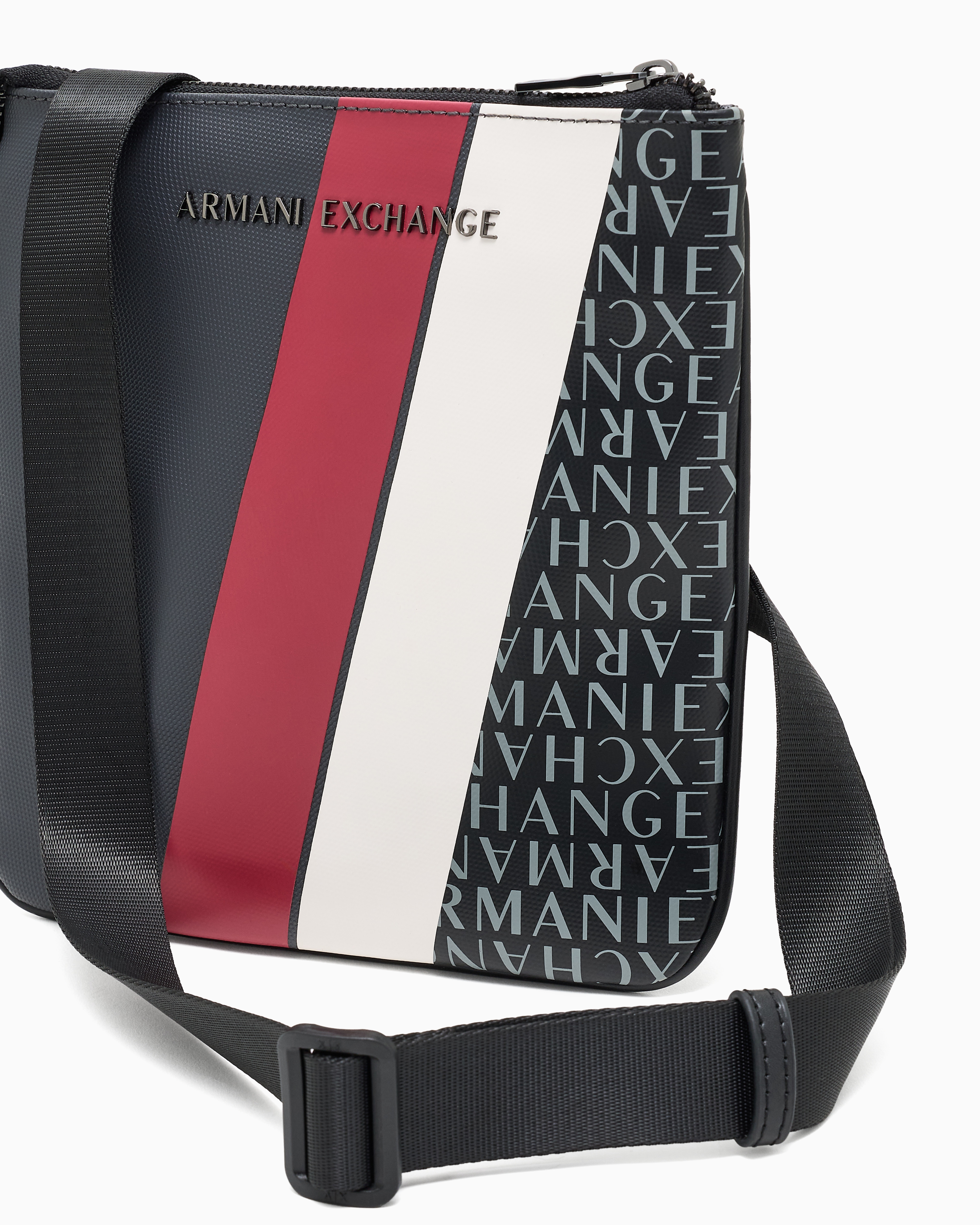 Armani Exchange - Monogram and Stripe Flat Shoulder Bag, Man, Grey, Size: TU